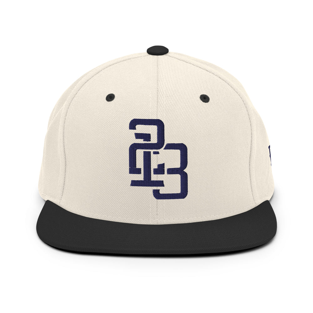 Boné Snapback em Lã Mista "213" | Yupoong 6089M | E Luna SELECT Tricrest 3 Logos Bordados na Frente, Lateral Esquerda e Traseira em Fio Azul-Marinho