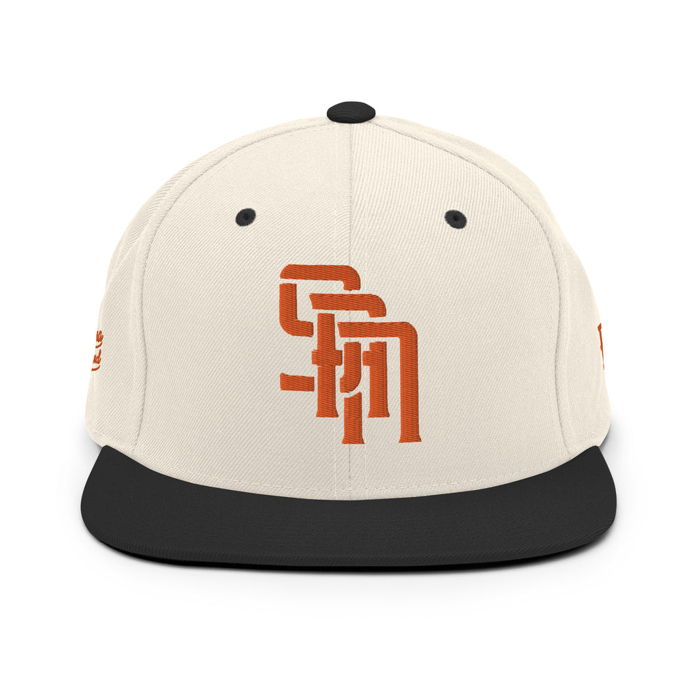 Gorra Snapback "SAN" mezcla de lana | E Luna Brand PREMIUM | 4 logotipos naranjas bordados | Edición 3D Puff