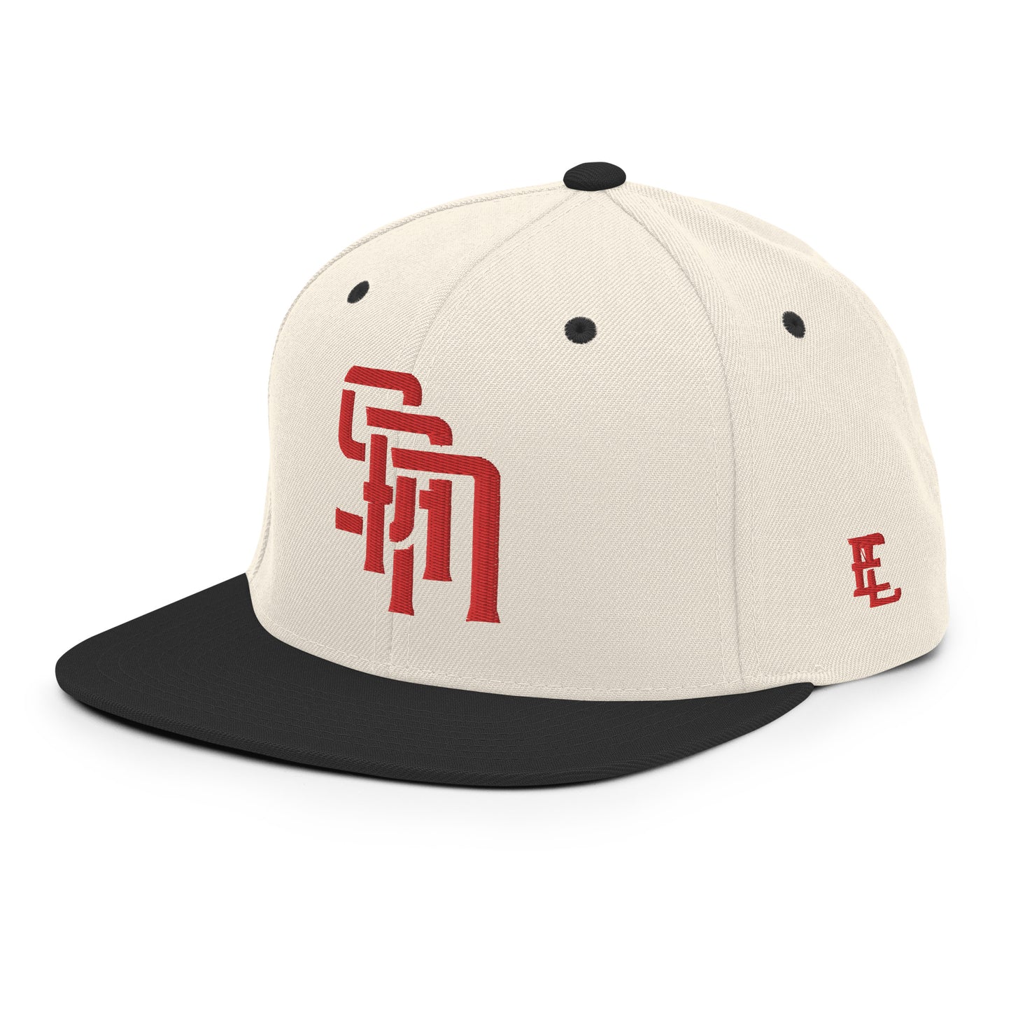 "SAN" Wool Blend Snapback Hat | Yupoong 6089M | E Luna Brand ESSENTIAL Duocrest 2 Red Thread Logos: Front & Left
