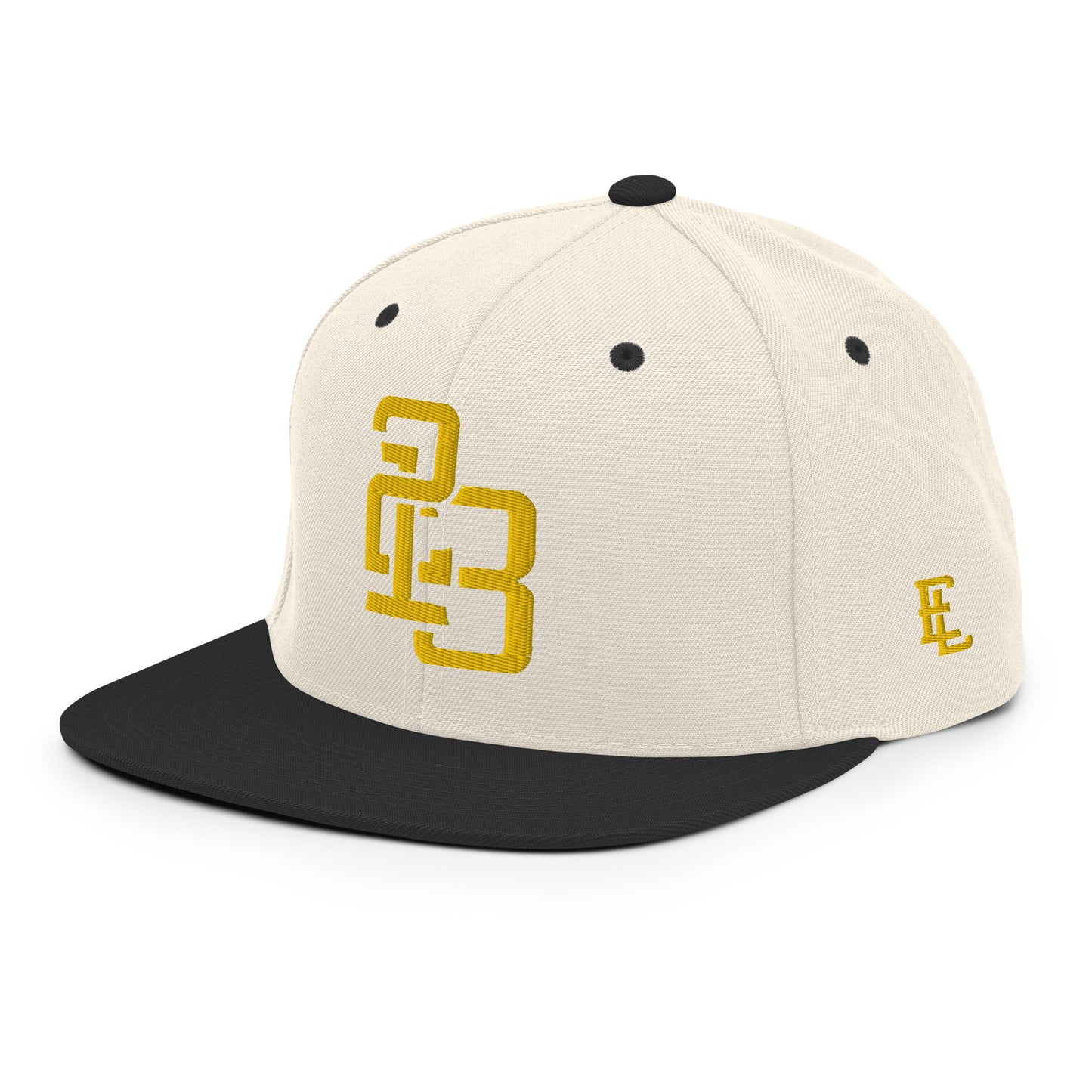 "213" Wool Blend Snapback Hat | Yupoong 6089M | E Luna SELECT Tricrest 3 Gold Thread Front, Left Side & Back Logos
