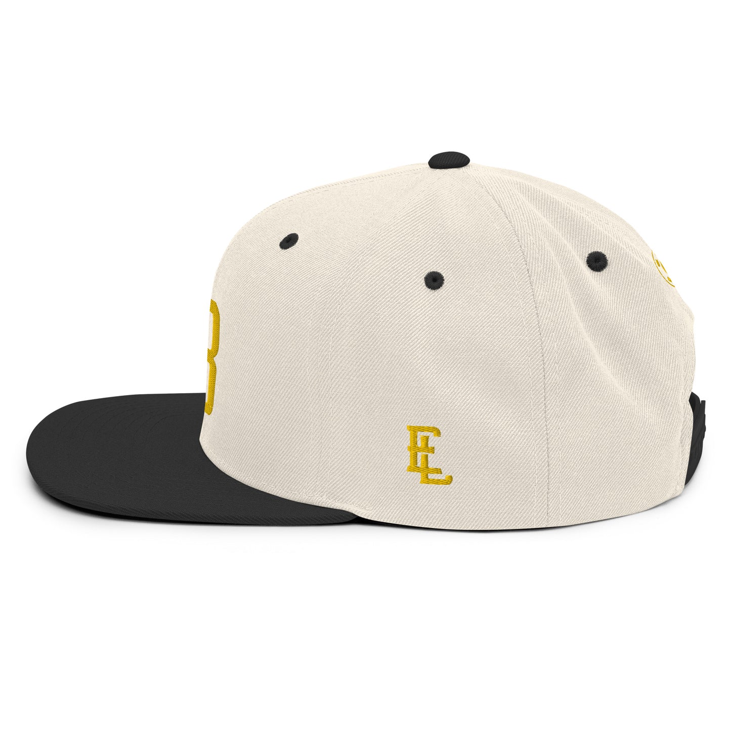"213" Wool Blend Snapback Hat | Yupoong 6089M | E Luna SELECT Tricrest 3 Gold Thread Front, Left Side & Back Logos