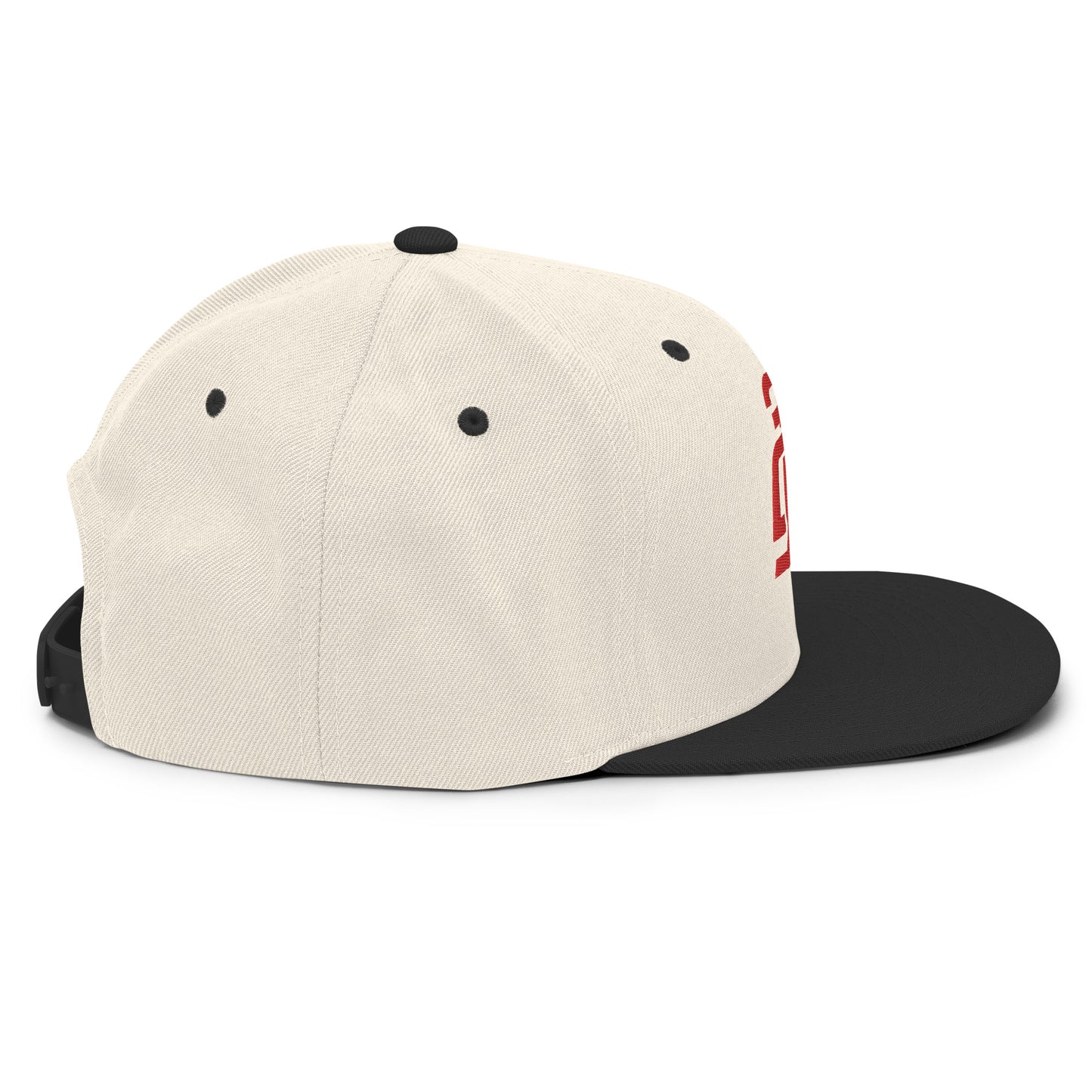 "213" Wool Blend Snapback Hat | Yupoong 6089M | E Luna ESSENTIAL Duocrest 2 Red Thread Front & Left Side Logos