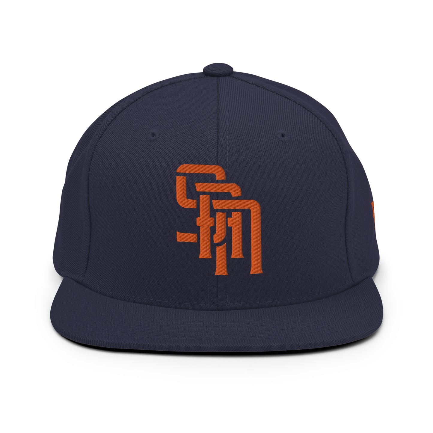 "SAN" Wool Blend Snapback Hat | Yupoong 6089M | E Luna Brand ESSENTIAL Duocrest 2 Orange Thread Logos: Front & Left