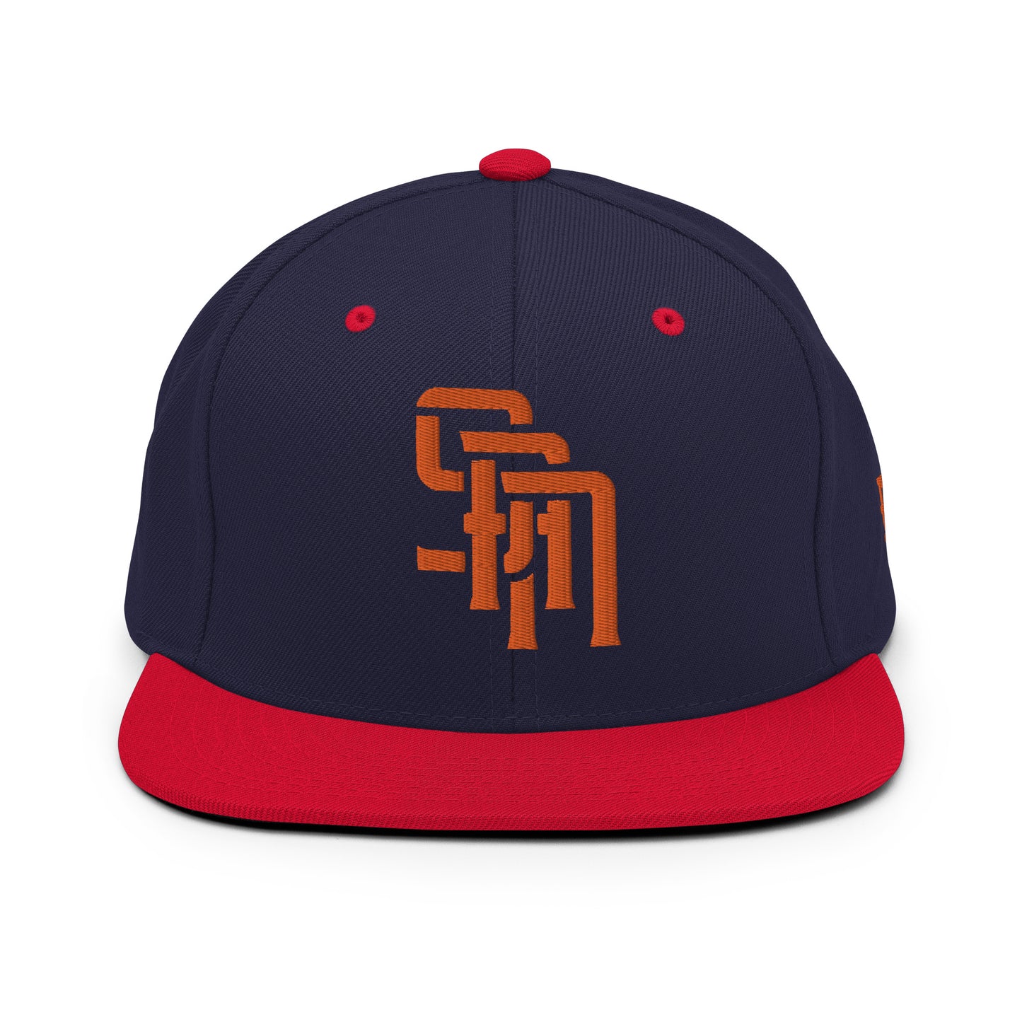 "SAN" Wool Blend Snapback Hat | Yupoong 6089M | E Luna Brand ESSENTIAL Duocrest 2 Orange Thread Logos: Front & Left