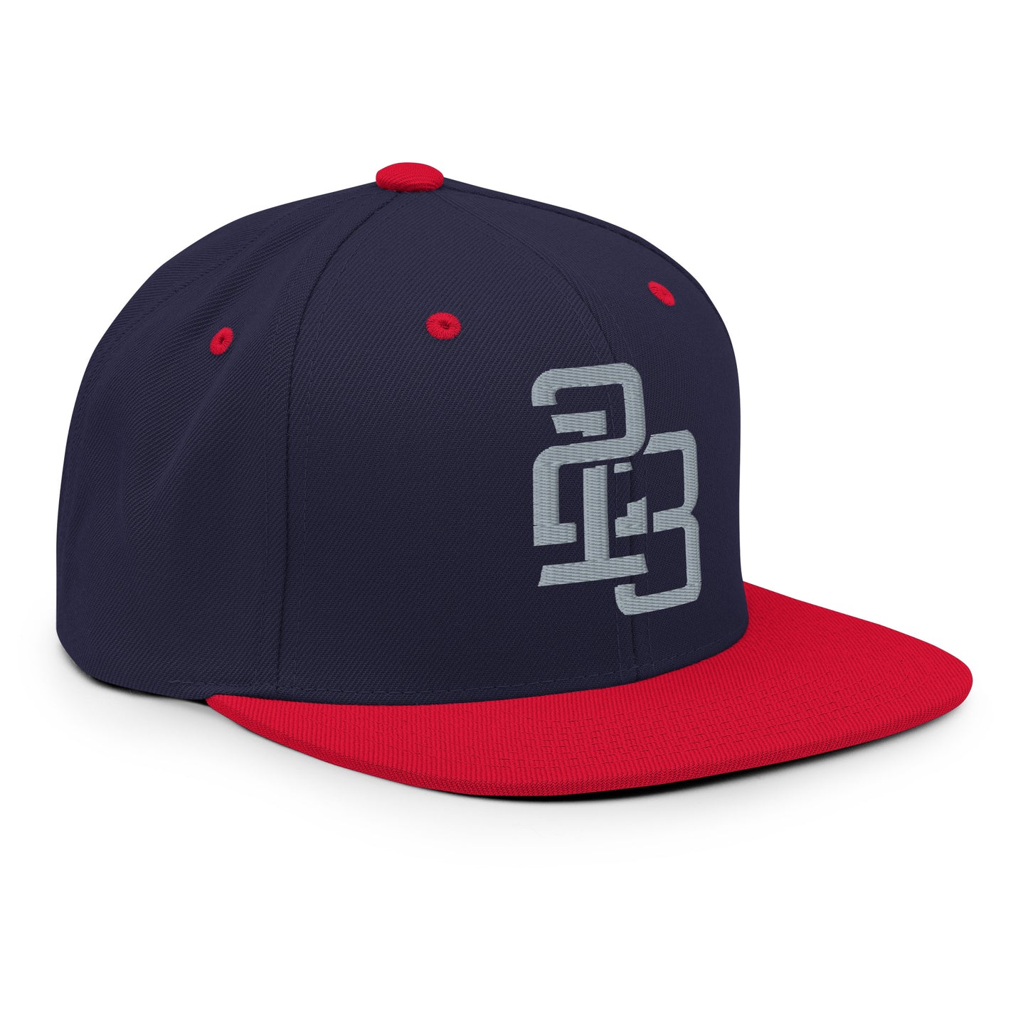 "213" Wool Blend Snapback Hat | Yupoong 6089M | E Luna ESSENTIAL Duocrest 2 Grey Thread Front & Left Side Logos