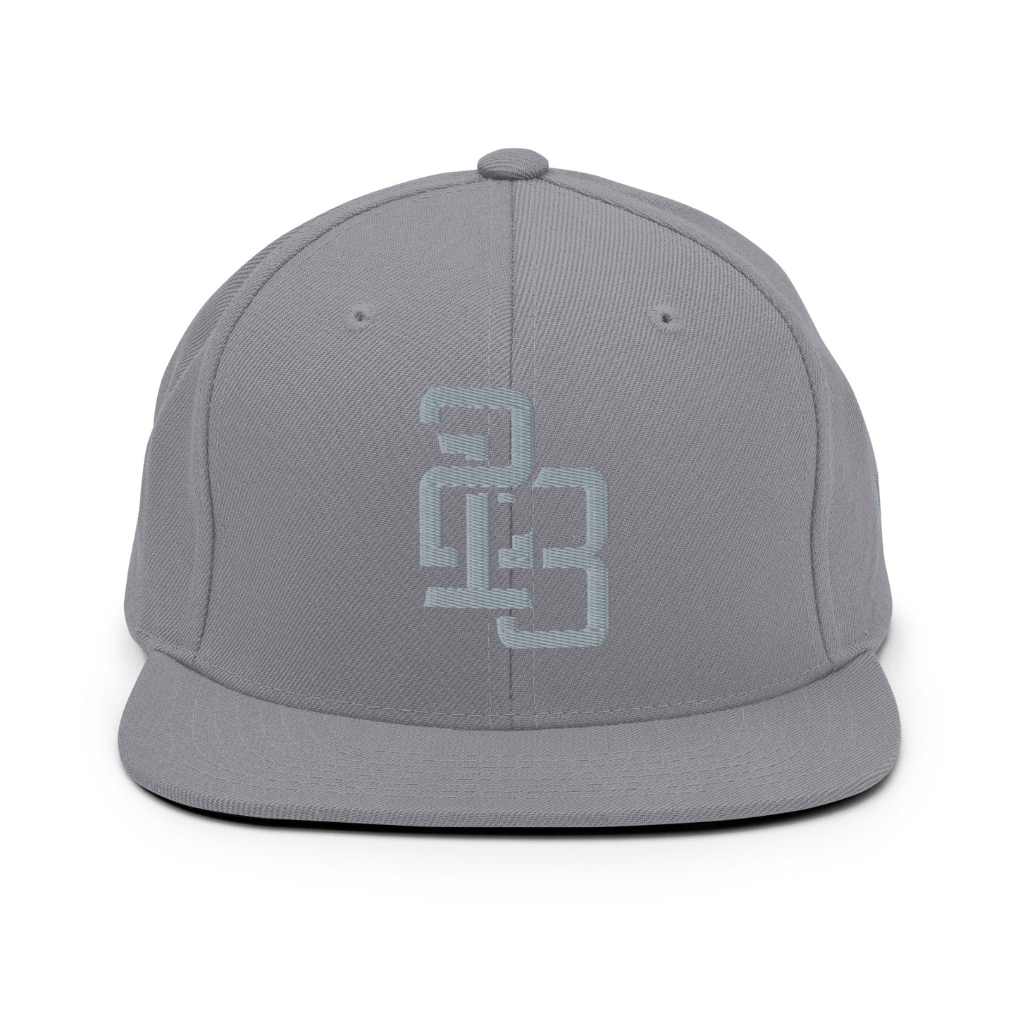 "213" Wool Blend Snapback Hat | Yupoong 6089M | E Luna ESSENTIAL Duocrest 2 Grey Thread Front & Left Side Logos