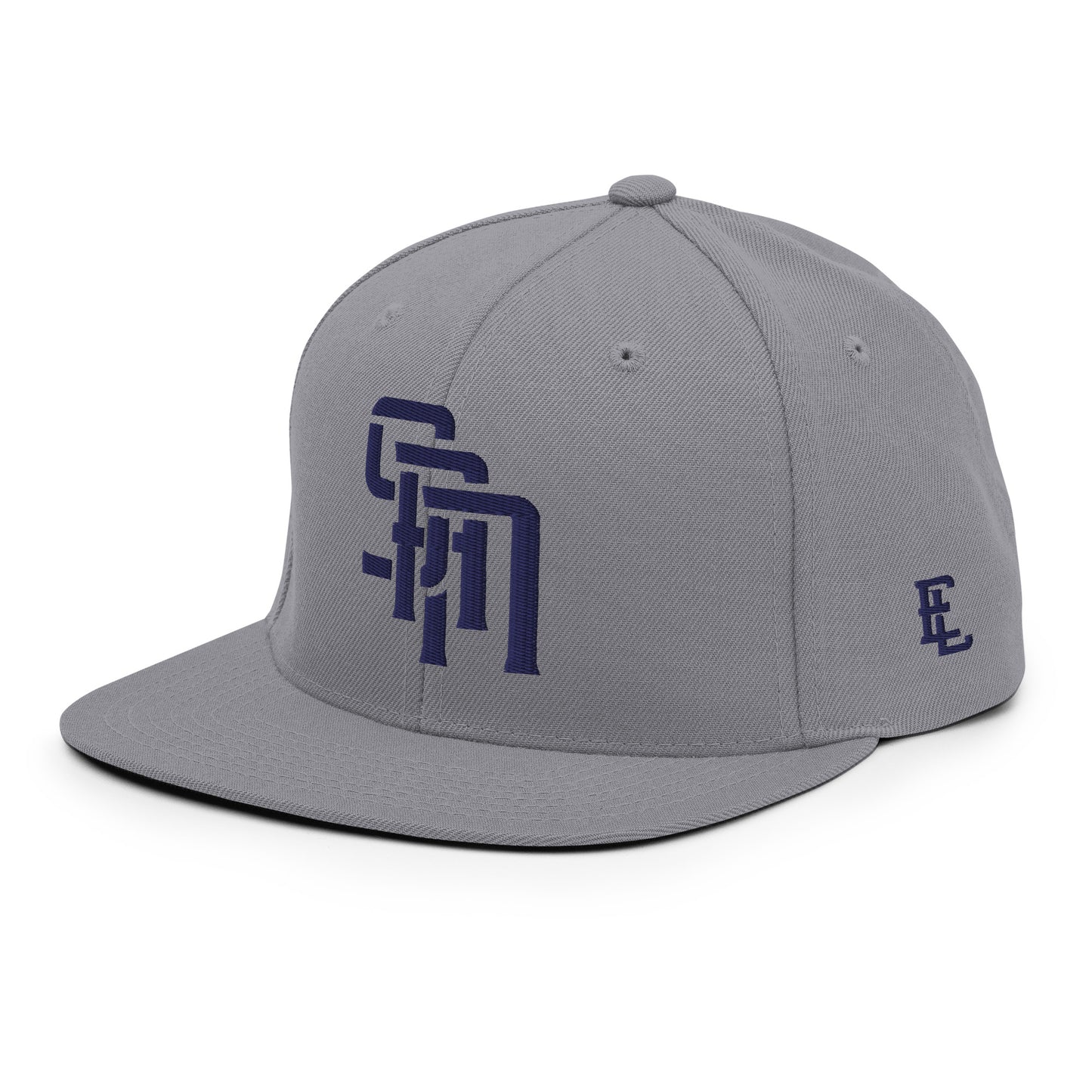 "SAN" Wool Blend Snapback Hat | Yupoong 6089M | E Luna Brand ESSENTIAL Duocrest 2 Navy Thread Logos: Front & Left
