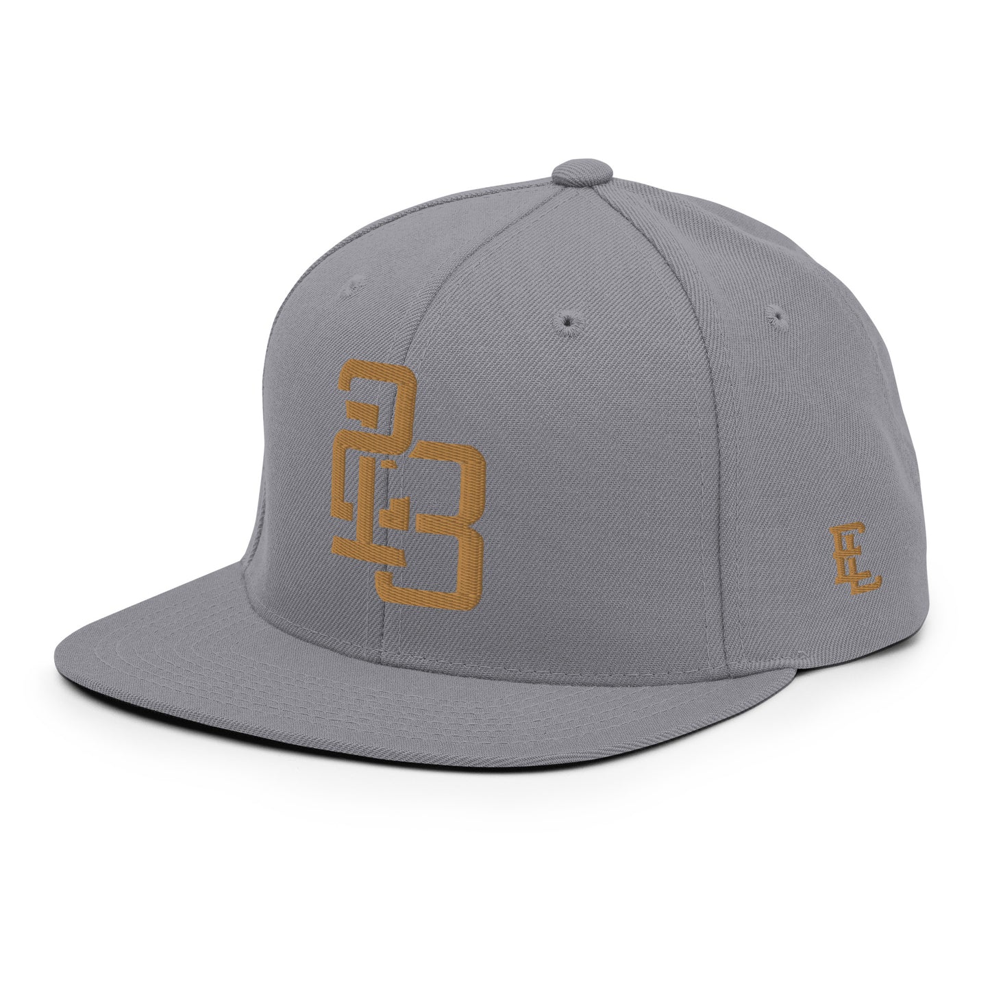 "213" Wool Blend Snapback Hat | Yupoong 6089M | E Luna ESSENTIAL Duocrest 2 Old Gold Thread Front & Left Side Logos