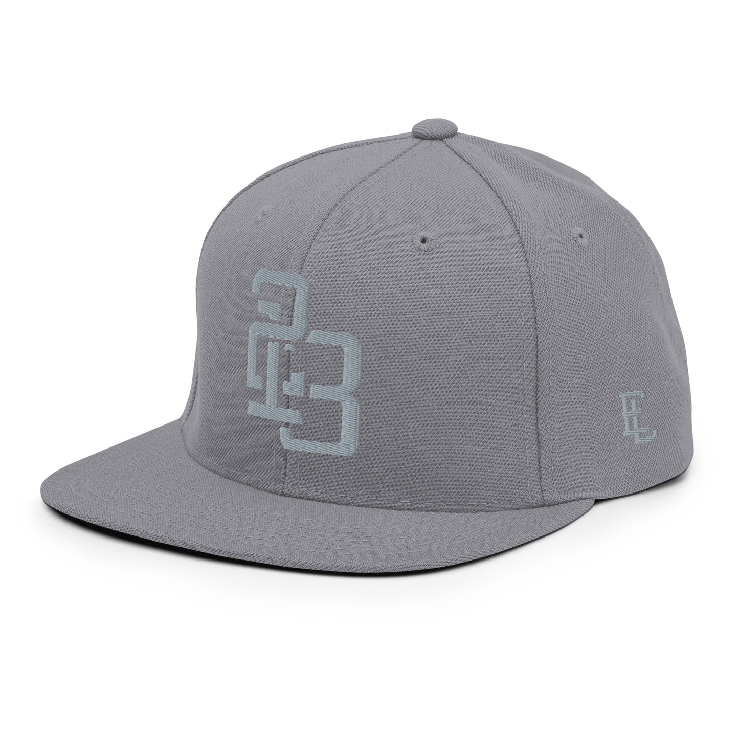 "213" Wool Blend Snapback Hat | Yupoong 6089M | E Luna ESSENTIAL Duocrest 2 Grey Thread Front & Left Side Logos