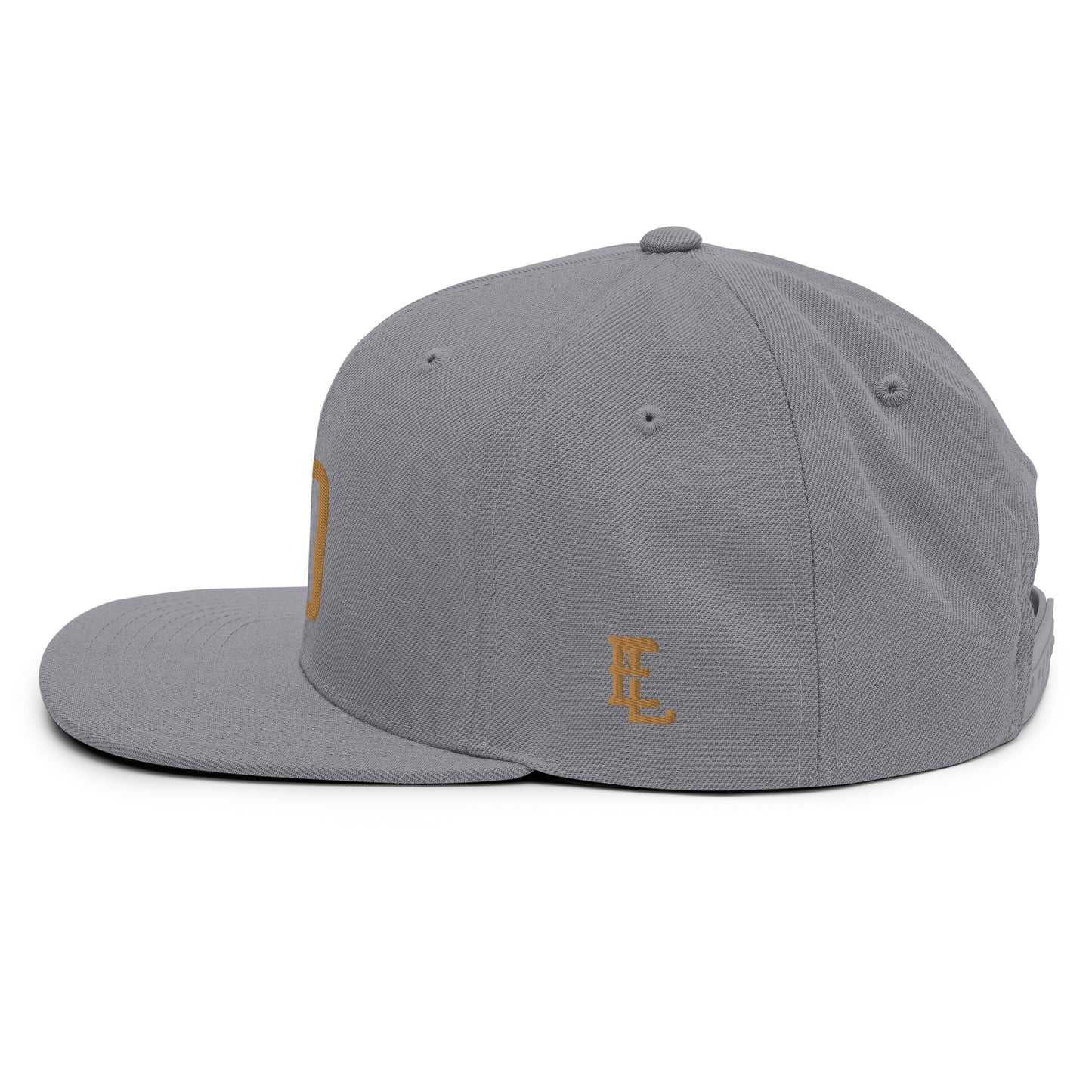 "DGO" Wool Blend Snapback Hat | Yupoong 6089M | E Luna Brand ESSENTIAL Duocrest 2 Old Gold Thread Logos: Front & Left