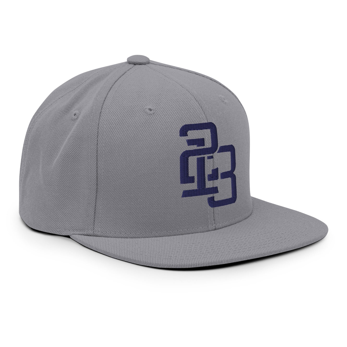 "213" Wool Blend Snapback Hat | Yupoong 6089M | E Luna ESSENTIAL Duocrest 2 Navy Thread Front & Left Side Logos
