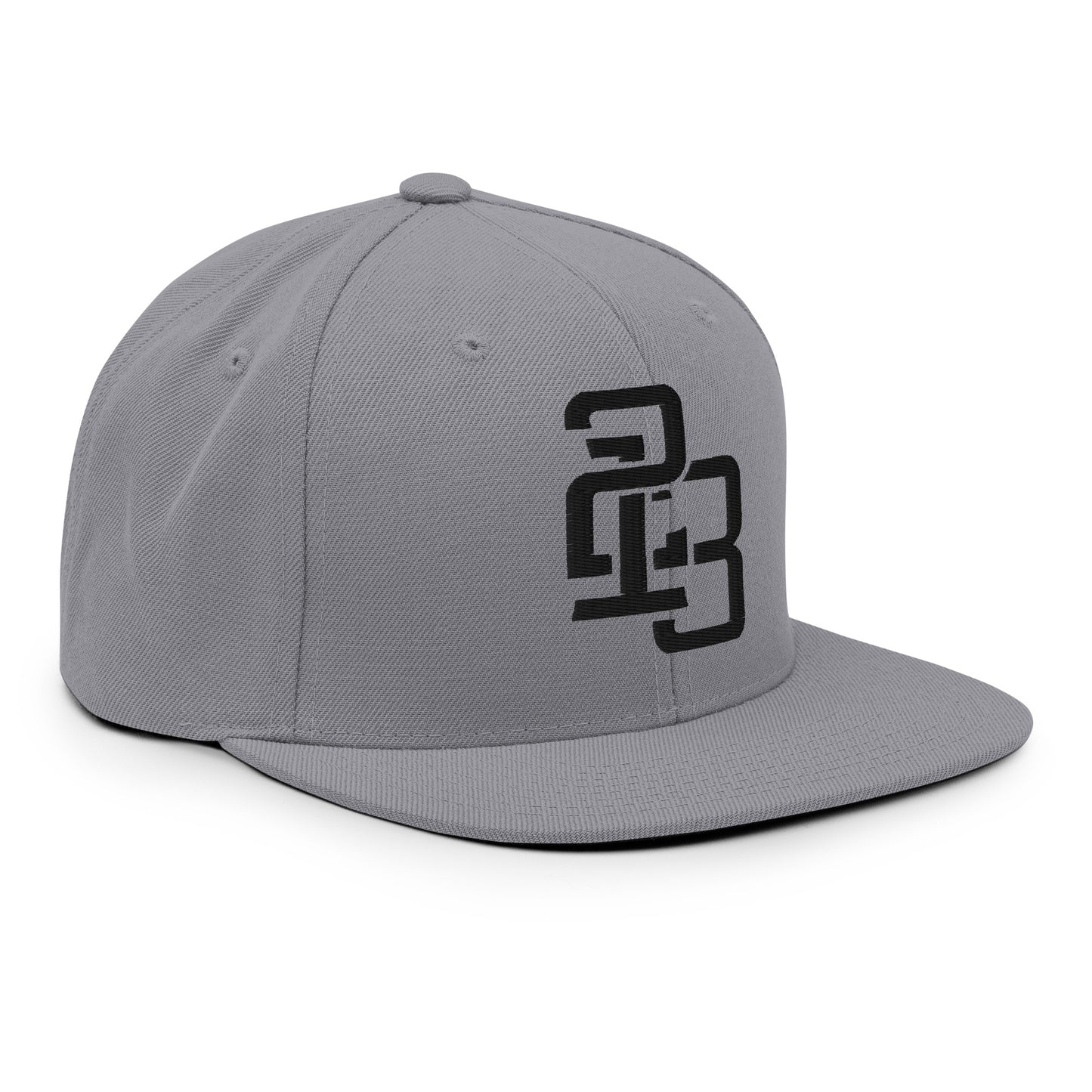 "213" Wool Blend Snapback Hat | Yupoong 6089M | E Luna ESSENTIAL Duocrest 2 Black Thread Front & Left Side Logos