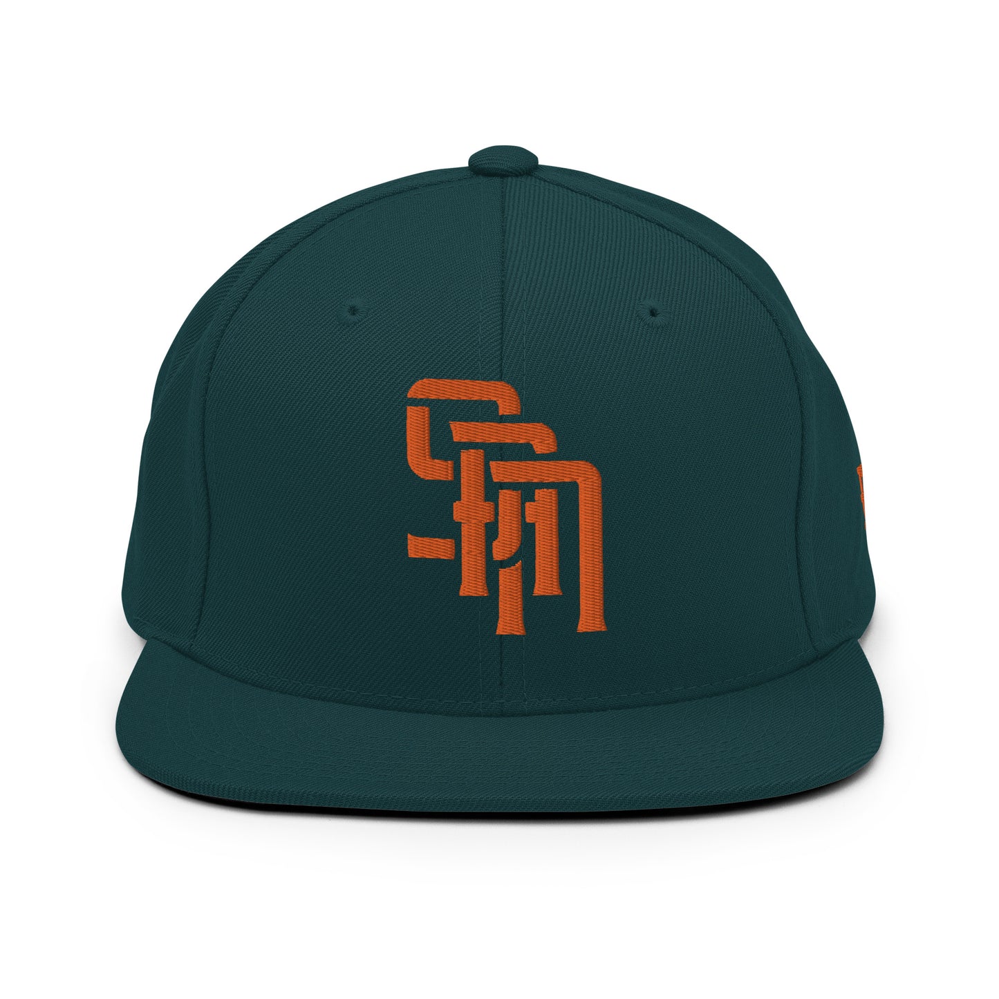 "SAN" Wool Blend Snapback Hat | Yupoong 6089M | E Luna Brand ESSENTIAL Duocrest 2 Orange Thread Logos: Front & Left