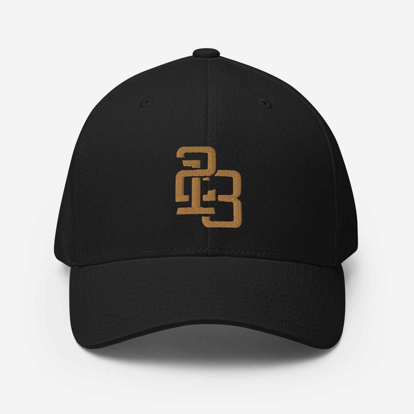 "213" Structured Twill Cap | Flexfit 6277 | E Luna SELECT Tricrest 3 Old Gold Thread Front, Left Side & Back Logos