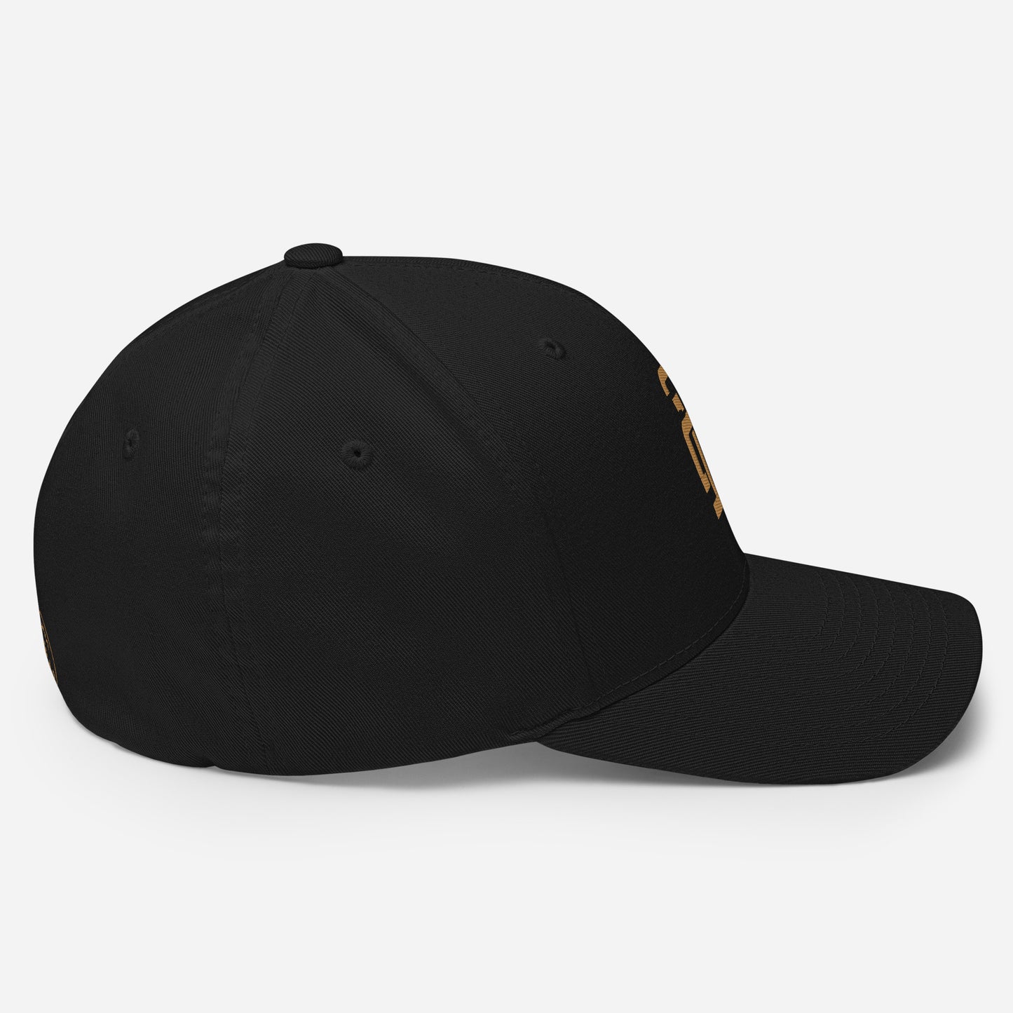 "213" Structured Twill Cap | Flexfit 6277 | E Luna SELECT Tricrest 3 Old Gold Thread Front, Left Side & Back Logos