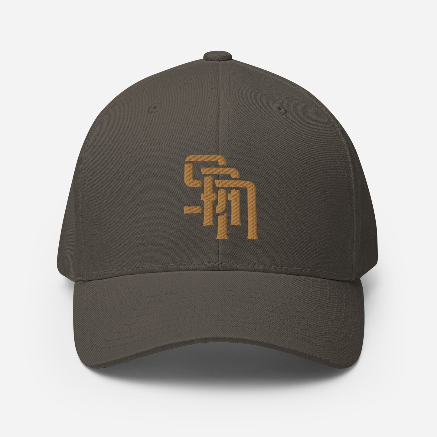"SAN" Structured Twill Cap | Flexfit 6277 | E Luna Brand ESSENTIAL Duocrest 2 Old Gold Thread Logos: Front & Left