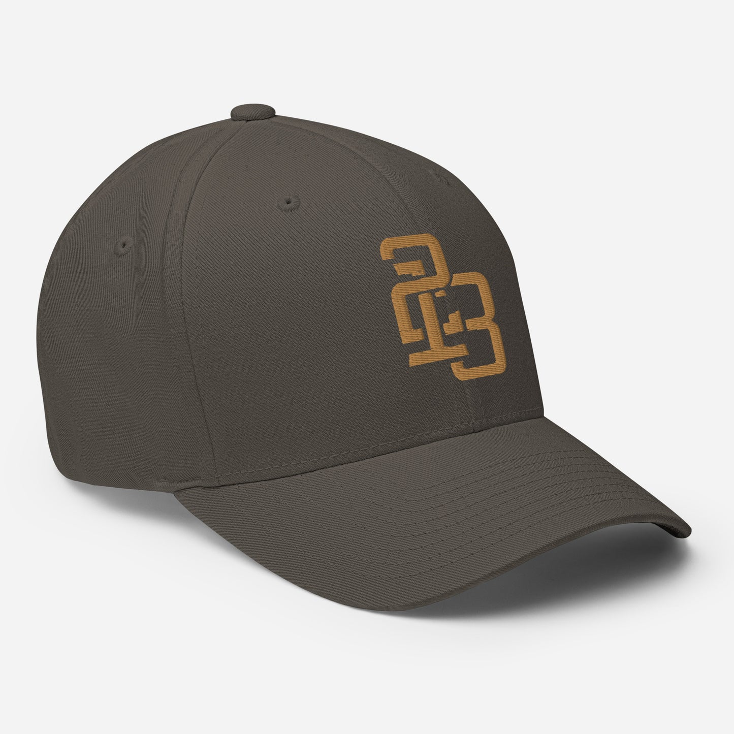 "213" Structured Twill Cap | Flexfit 6277 | E Luna SELECT Tricrest 3 Old Gold Thread Front, Left Side & Back Logos