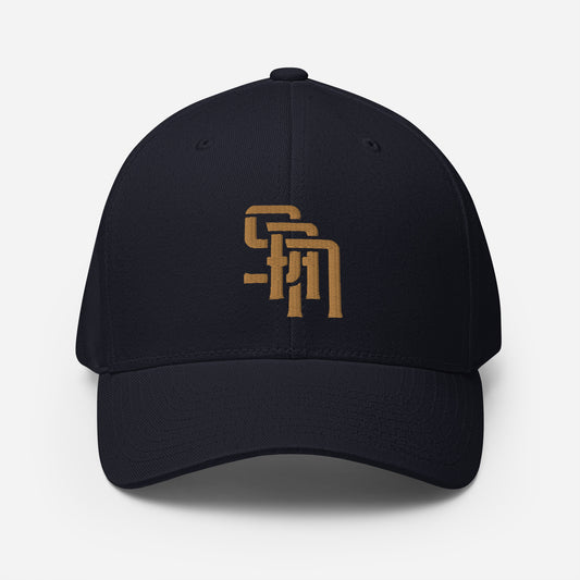 "SAN" Structured Twill Cap | Flexfit 6277 | E Luna Brand ESSENTIAL Duocrest 2 Old Gold Thread Logos: Front & Left