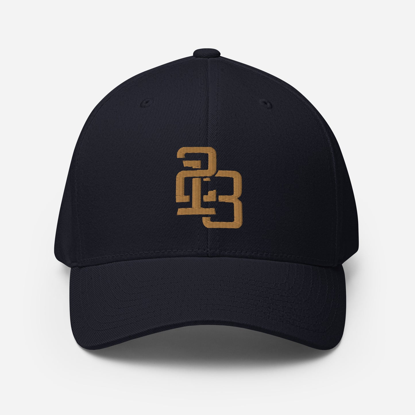 "213" Structured Twill Cap | Flexfit 6277 | E Luna SELECT Tricrest 3 Old Gold Thread Front, Left Side & Back Logos