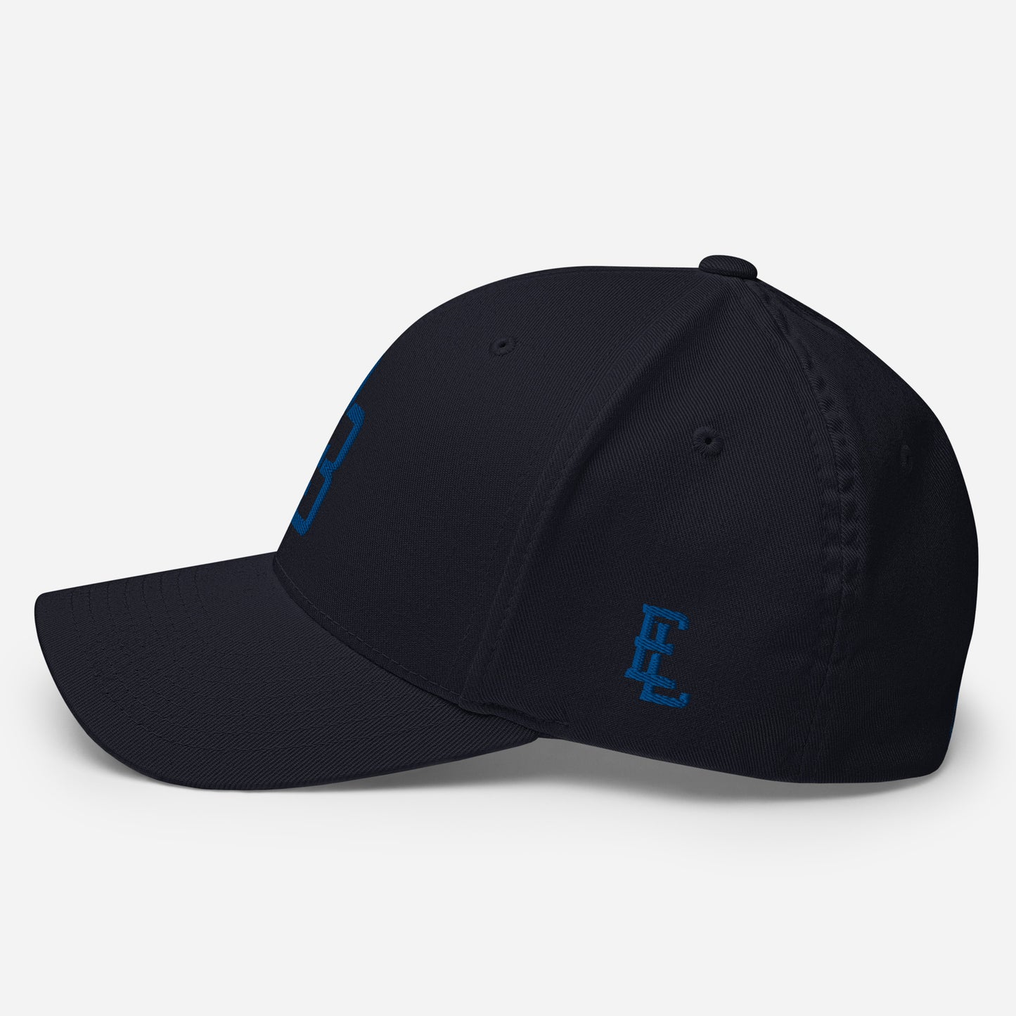 "213" Structured Twill Cap | Flexfit 6277 | E Luna SELECT Tricrest 3 Royal Thread Front, Left Side & Back Logos