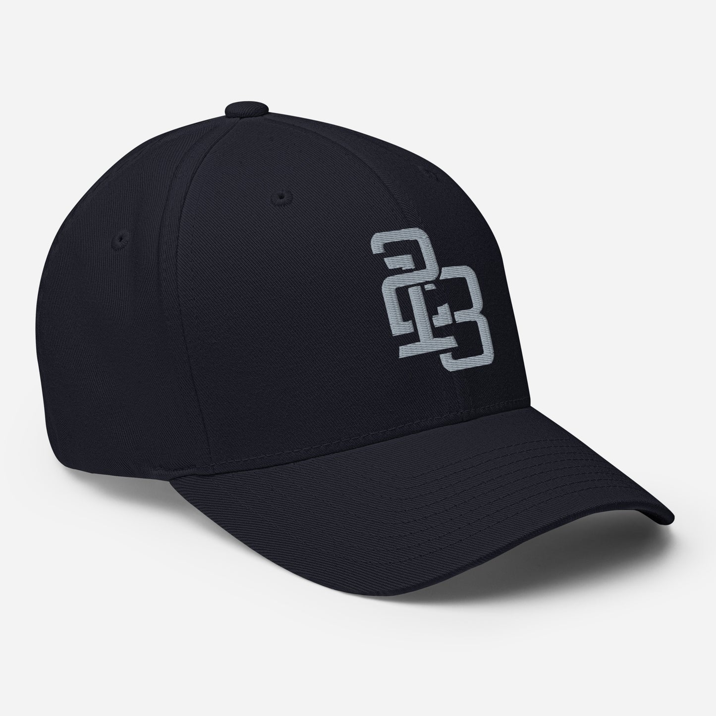 "213" Structured Twill Cap | Flexfit 6277 | E Luna SELECT Tricrest 3 Grey Thread Front, Left Side & Back Logos