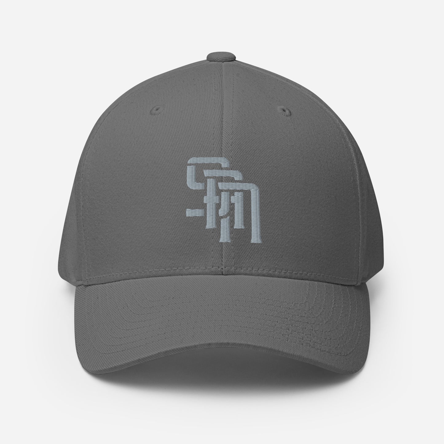 "SAN" Structured Twill Cap | Flexfit 6277 | E Luna Brand ESSENTIAL Duocrest 2 Grey Thread Logos: Front & Left
