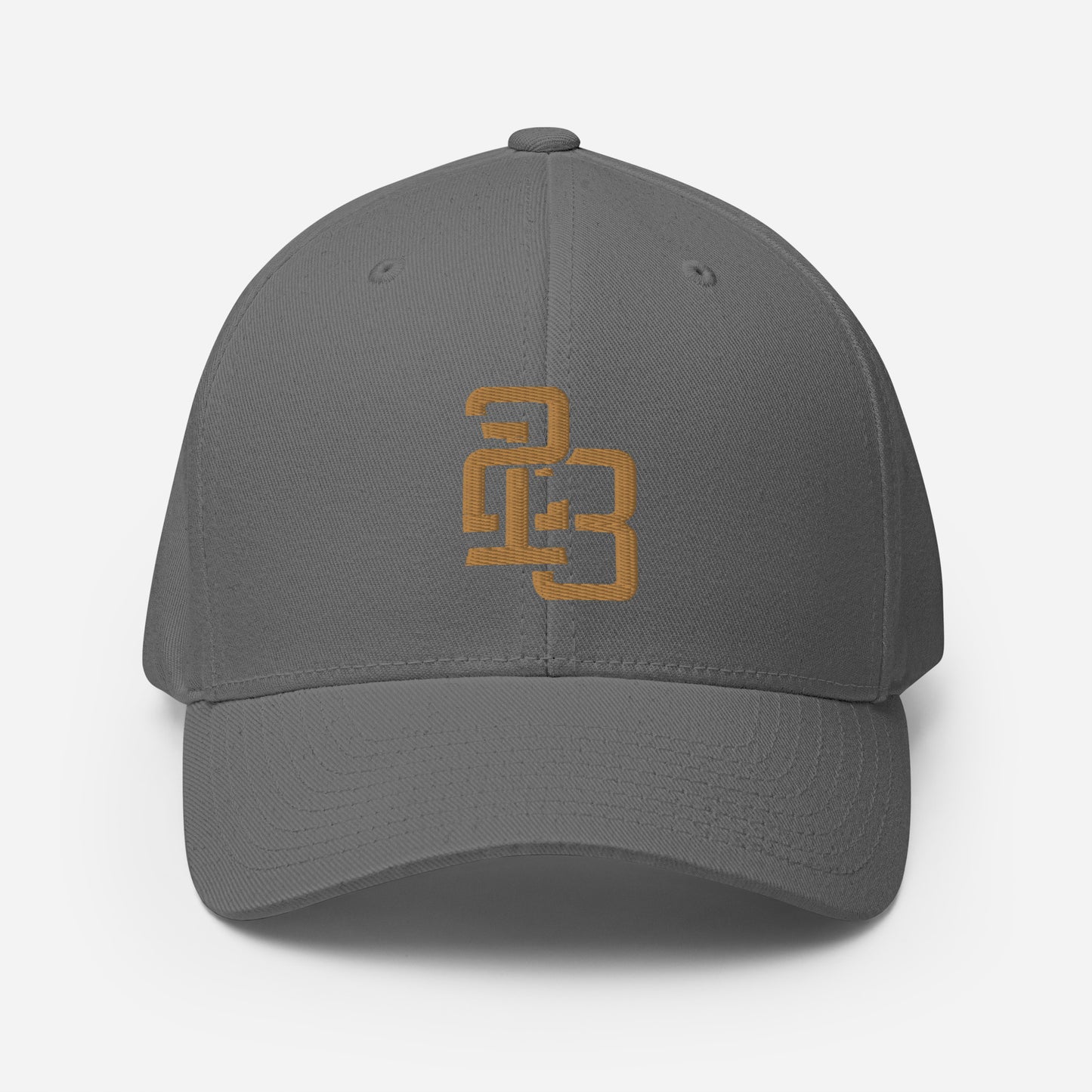 "213" Structured Twill Cap | Flexfit 6277 | E Luna SELECT Tricrest 3 Old Gold Thread Front, Left Side & Back Logos