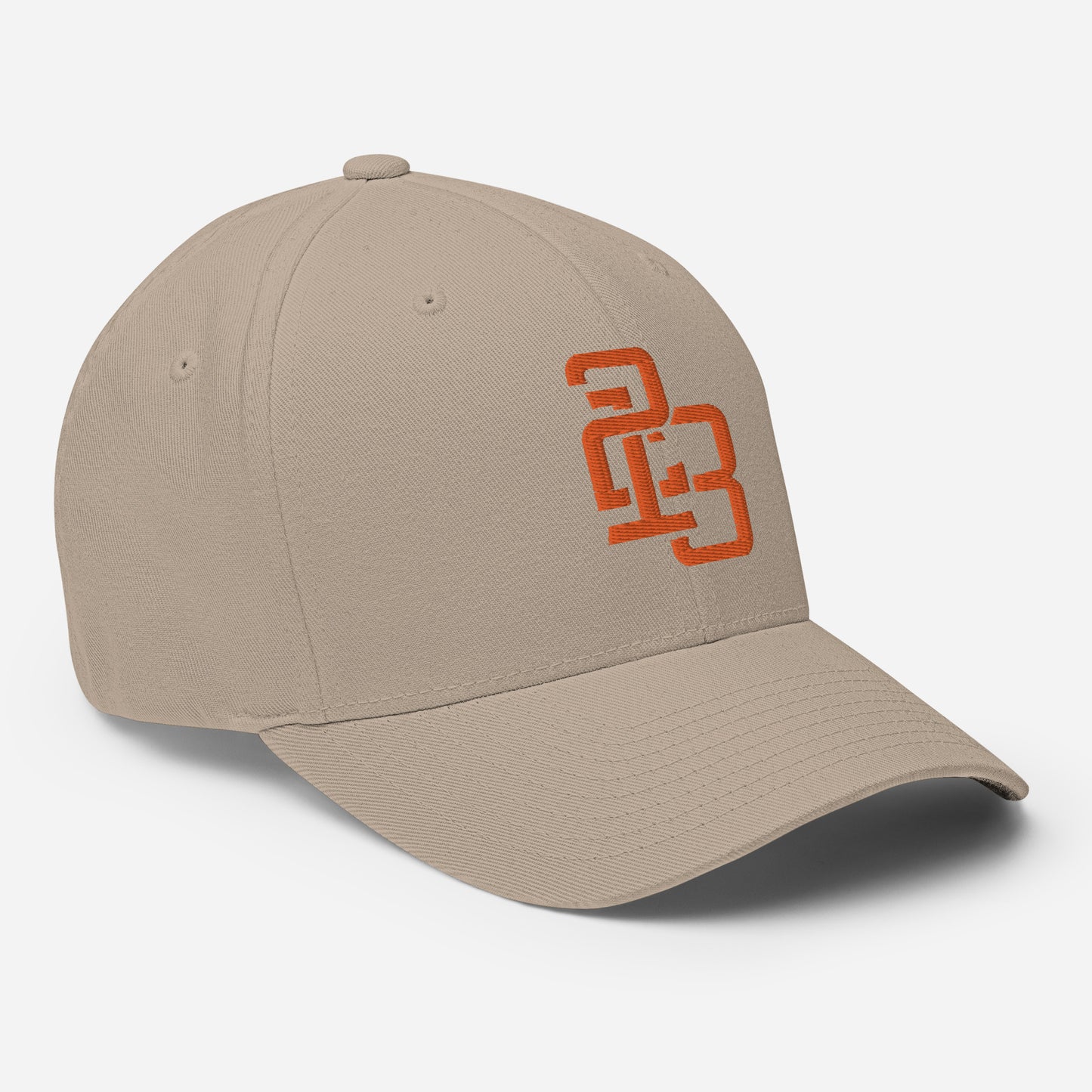 "213" Structured Twill Cap | Flexfit 6277 | E Luna SELECT Tricrest 3 Orange Thread Front, Left Side & Back Logos