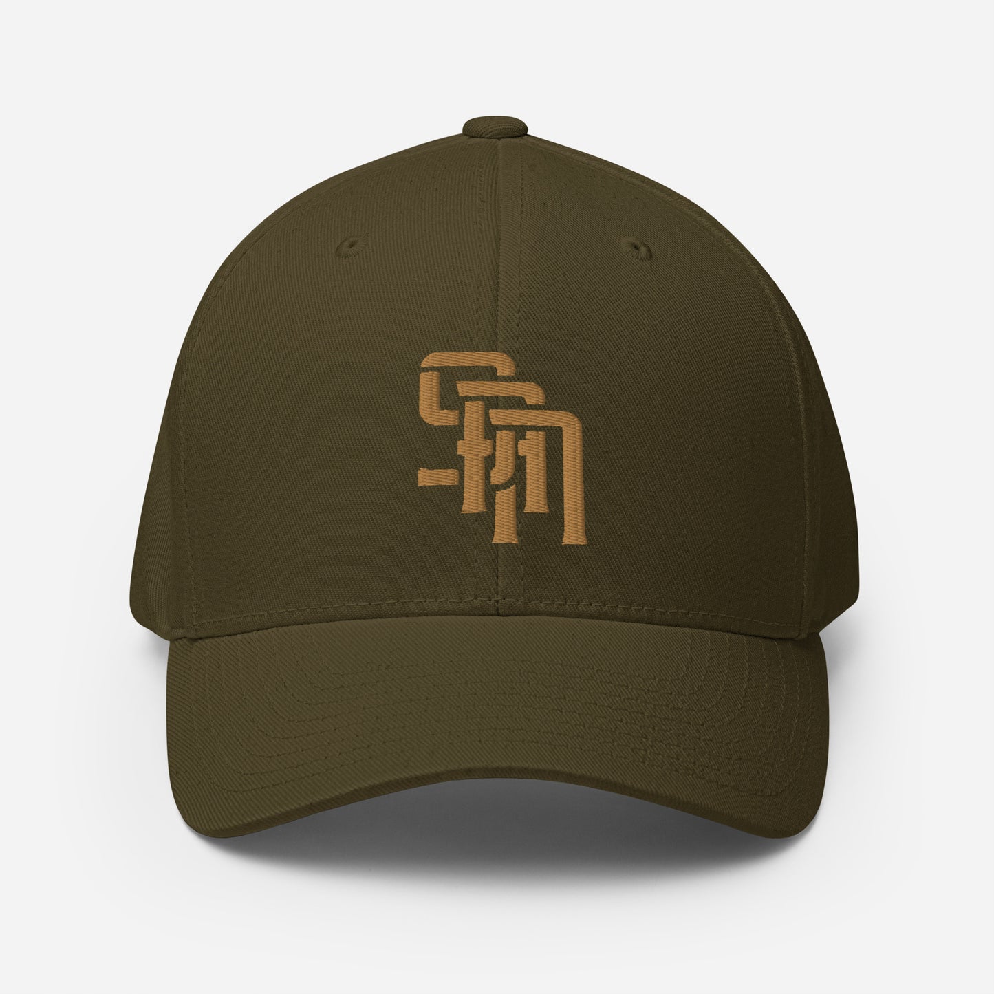 "SAN" Structured Twill Cap | Flexfit 6277 | E Luna Brand ESSENTIAL Duocrest 2 Old Gold Thread Logos: Front & Left