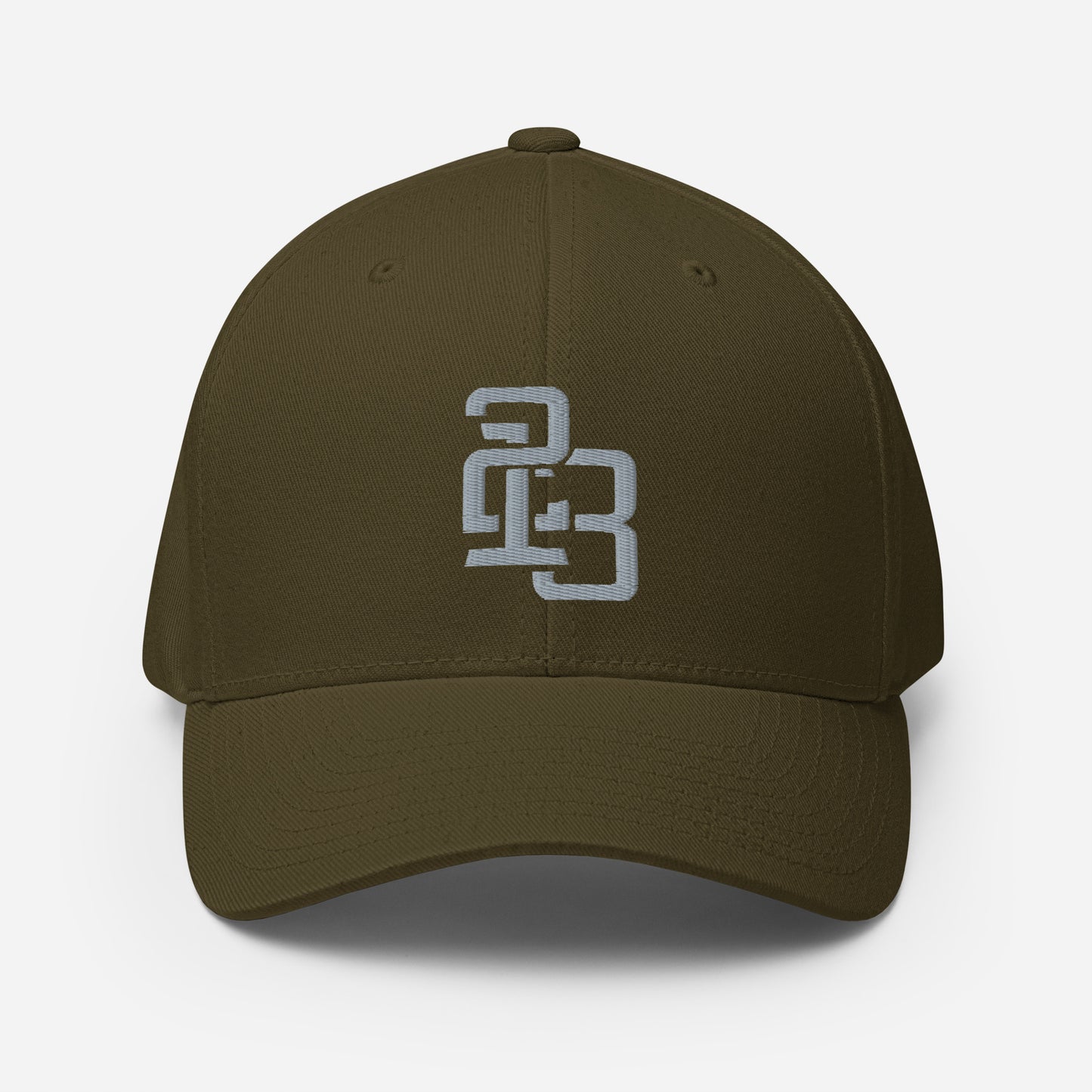 "213" Structured Twill Cap | Flexfit 6277 | E Luna SELECT Tricrest 3 Grey Thread Front, Left Side & Back Logos