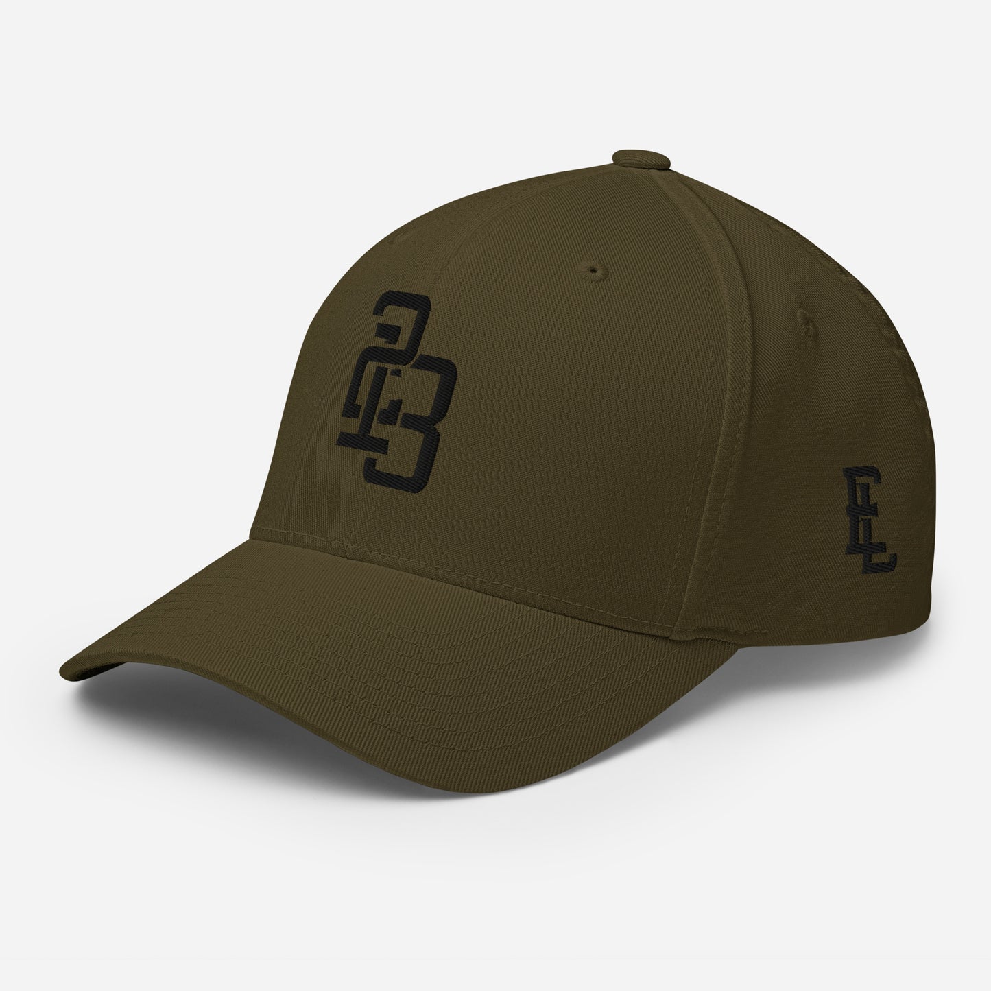 "213" Structured Twill Cap | Flexfit 6277 | E Luna SELECT Tricrest 3 Black Thread Front, Left Side & Back Logos