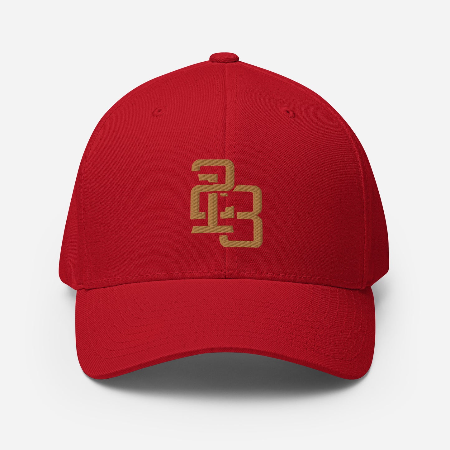 "213" Structured Twill Cap | Flexfit 6277 | E Luna ESSENTIAL Duocrest 2 Old Gold Thread Front & Left Side Logos