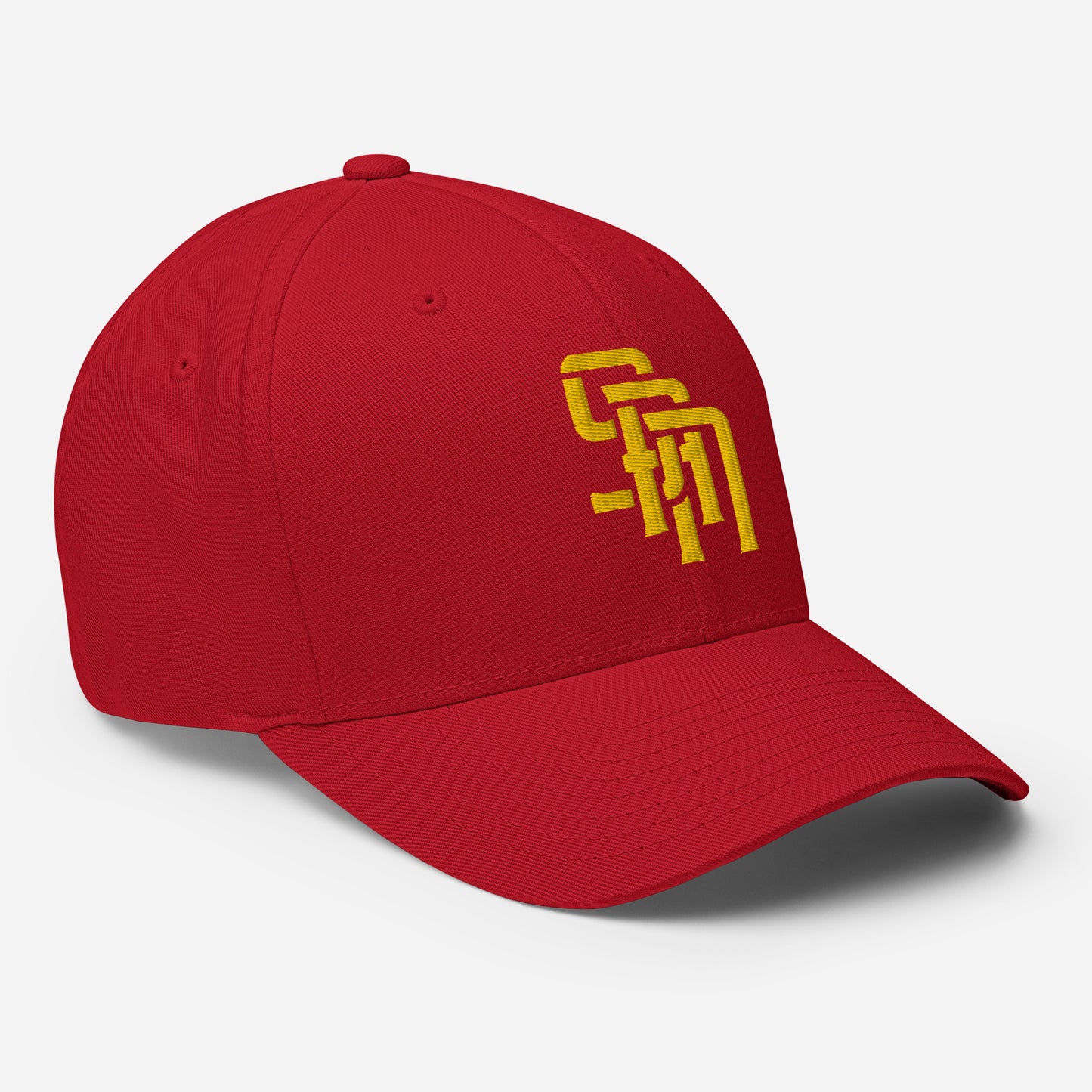"SAN" Structured Twill Cap | Flexfit 6277 | E Luna Brand ESSENTIAL Duocrest 2 Gold Thread Logos: Front & Left