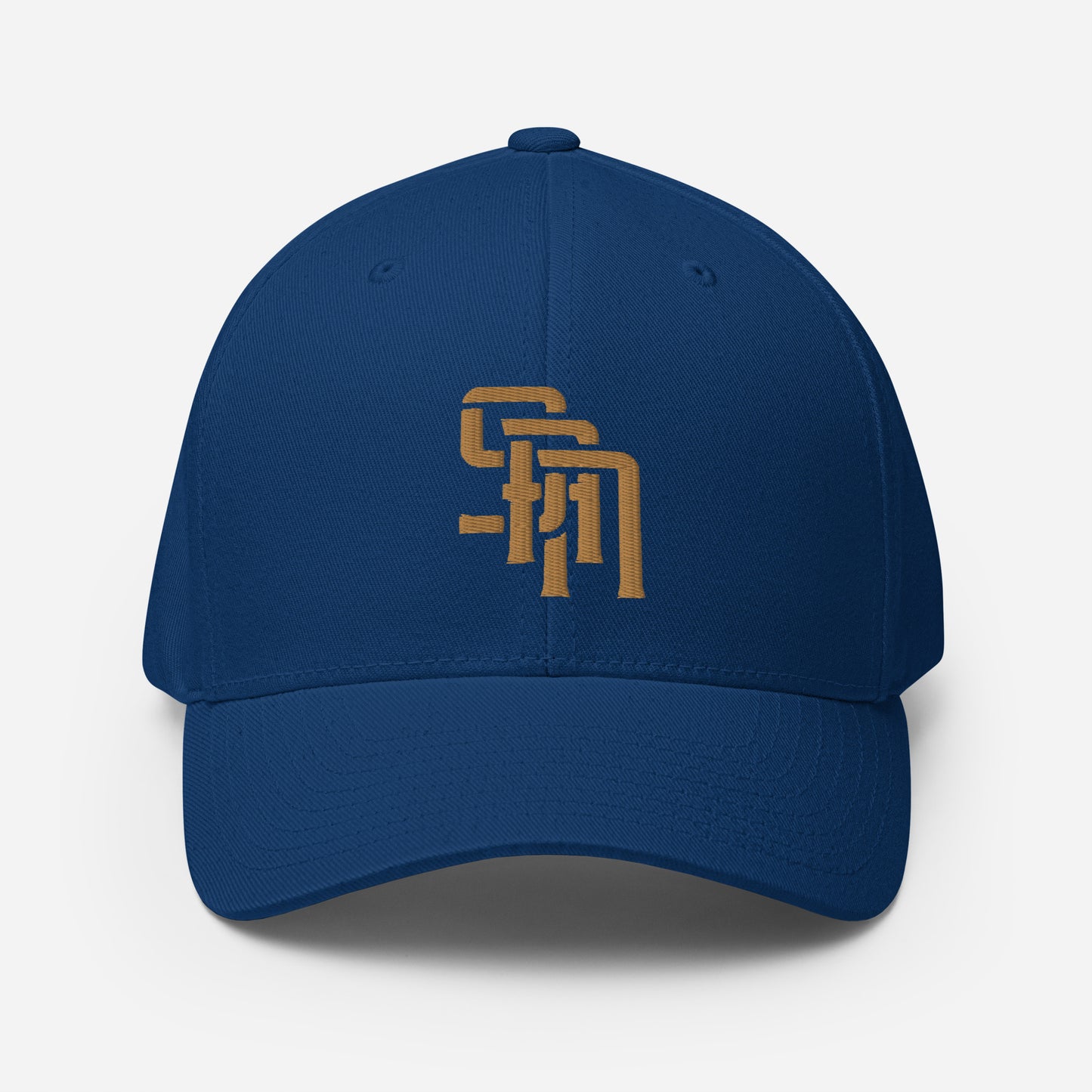 "SAN" Structured Twill Cap | Flexfit 6277 | E Luna Brand ESSENTIAL Duocrest 2 Old Gold Thread Logos: Front & Left