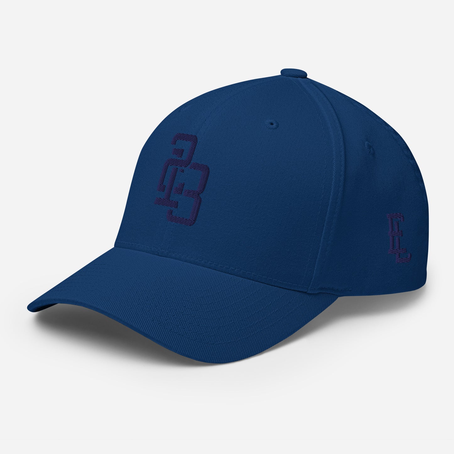 "213" Structured Twill Cap | Flexfit 6277 | E Luna SELECT Tricrest 3 Navy Thread Front, Left Side & Back Logos