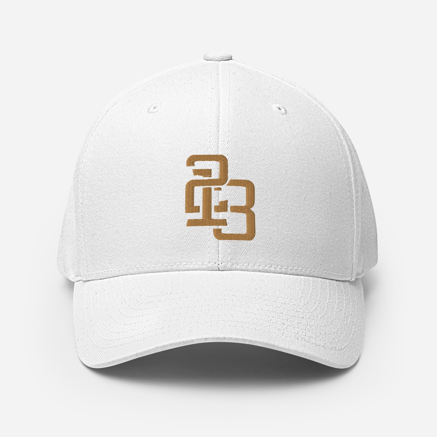 "213" Structured Twill Cap | Flexfit 6277 | E Luna SELECT Tricrest 3 Old Gold Thread Front, Left Side & Back Logos