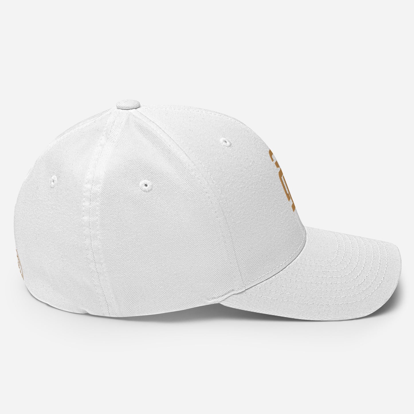 "213" Structured Twill Cap | Flexfit 6277 | E Luna SELECT Tricrest 3 Old Gold Thread Front, Left Side & Back Logos
