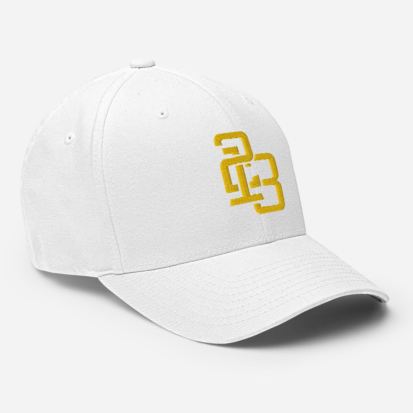 "213" Structured Twill Cap | Flexfit 6277 | E Luna SELECT Tricrest 3 Gold Thread Front, Left Side & Back Logos