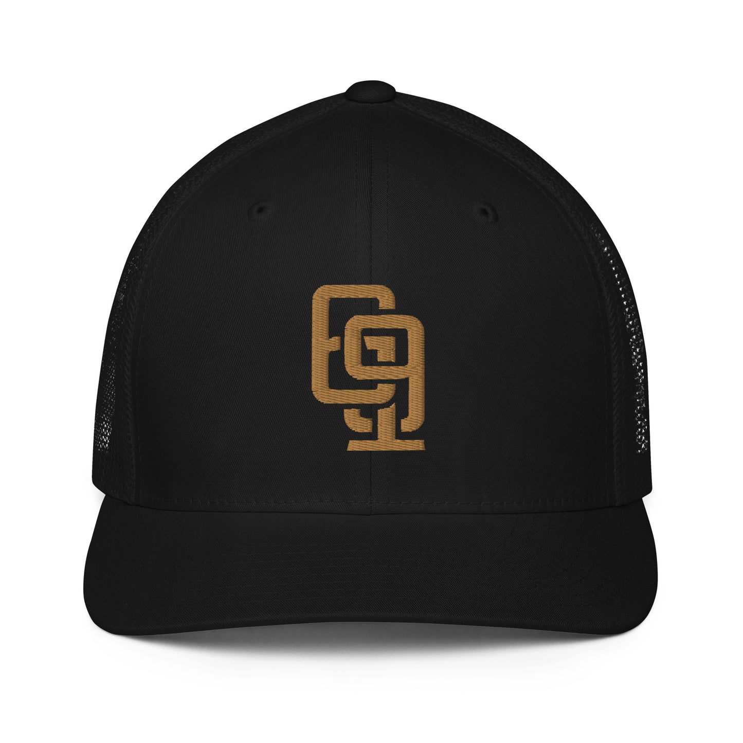 "619" Closed-Back Trucker Cap | Flexfit 6511 | E Luna CLASSIC Solocrest 1 Old Gold Thread Front Logo