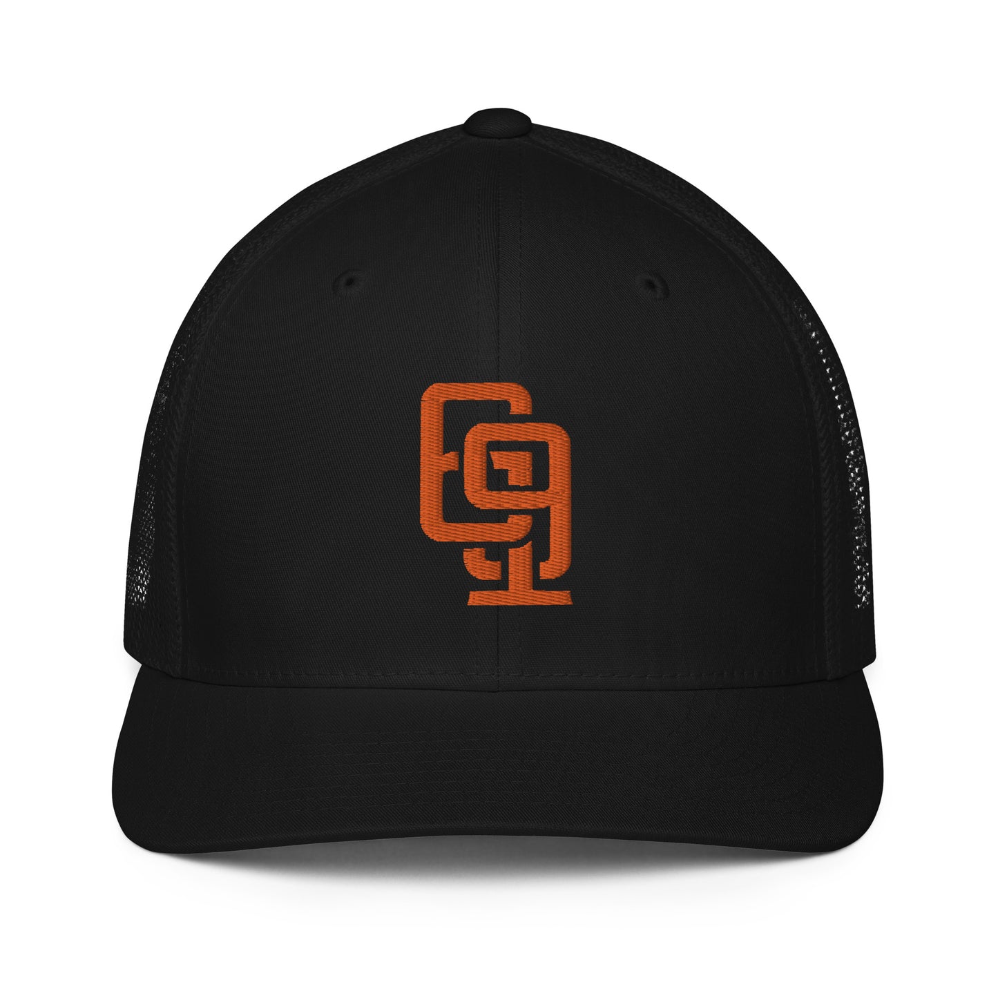 "619" Closed-Back Trucker Cap | Flexfit 6511 | E Luna CLASSIC Solocrest 1 Orange Thread Front Logo