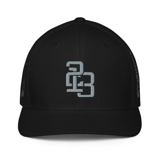 "213" Closed-Back Trucker Cap | Flexfit 6511 | E Luna CLASSIC Solocrest 1 Grey Thread Front Logo