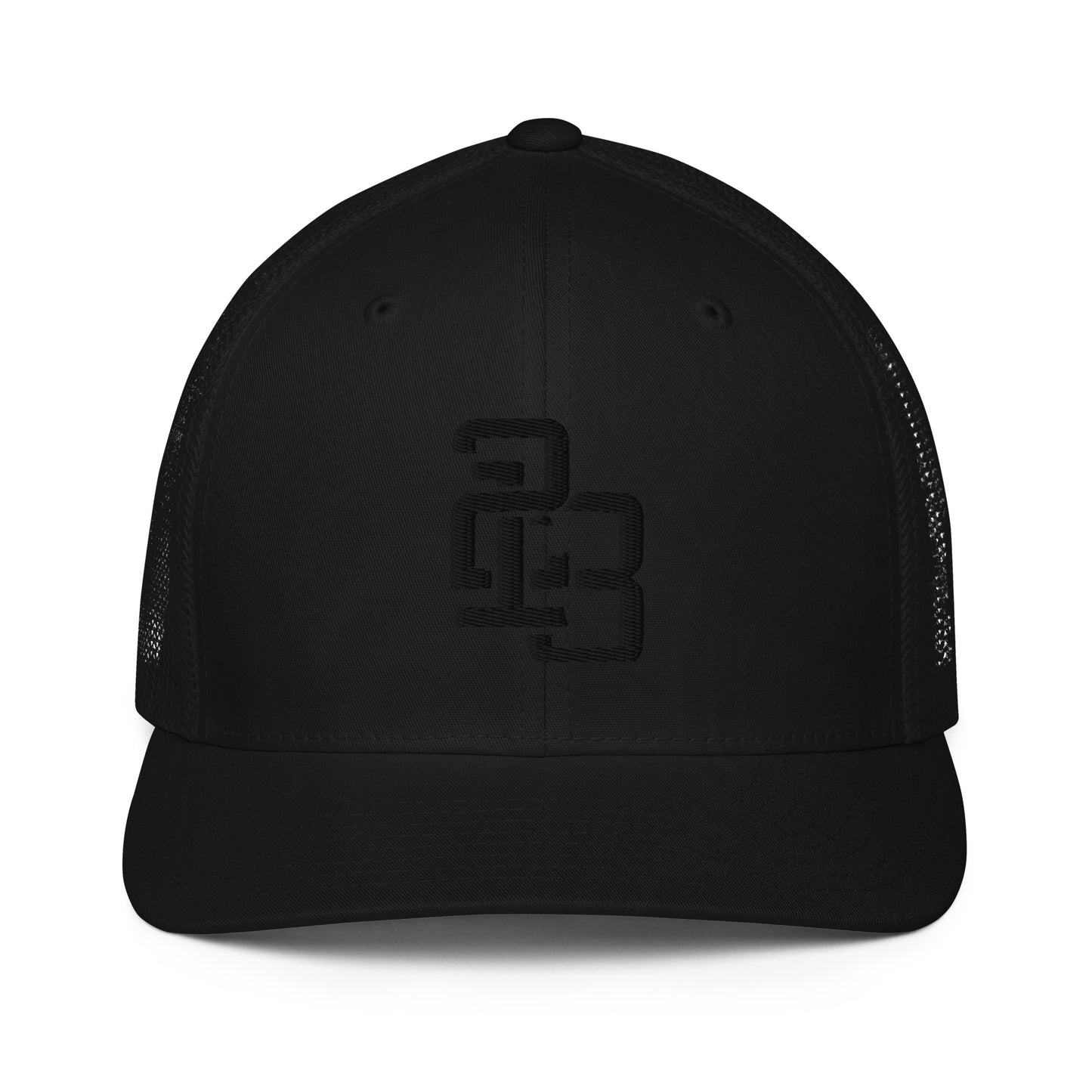 "213" Closed-Back Trucker Cap | Flexfit 6511 | E Luna CLASSIC Solocrest 1 Black Thread Front Logo