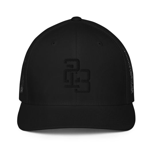 "213" Closed-Back Trucker Cap | Flexfit 6511 | E Luna CLASSIC Solocrest 1 Black Thread Front Logo