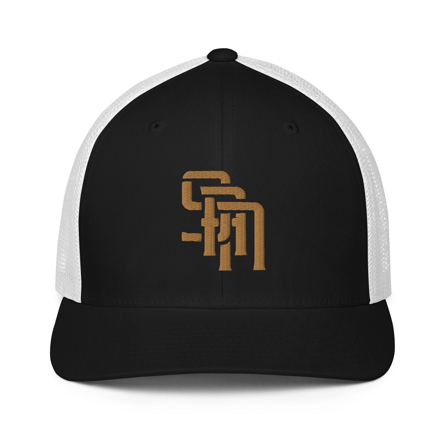 "SAN" Closed-Back Trucker Cap | Flexfit 6511 | E Luna Brand CLASSIC Solocrest 1 Old Gold Thread Front Logo