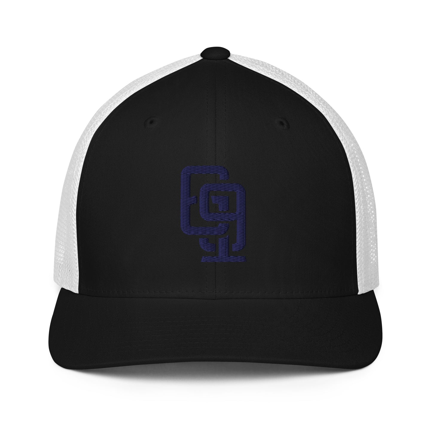 "619" Closed-Back Trucker Cap | Flexfit 6511 | E Luna CLASSIC Solocrest 1 Navy Thread Front Logo