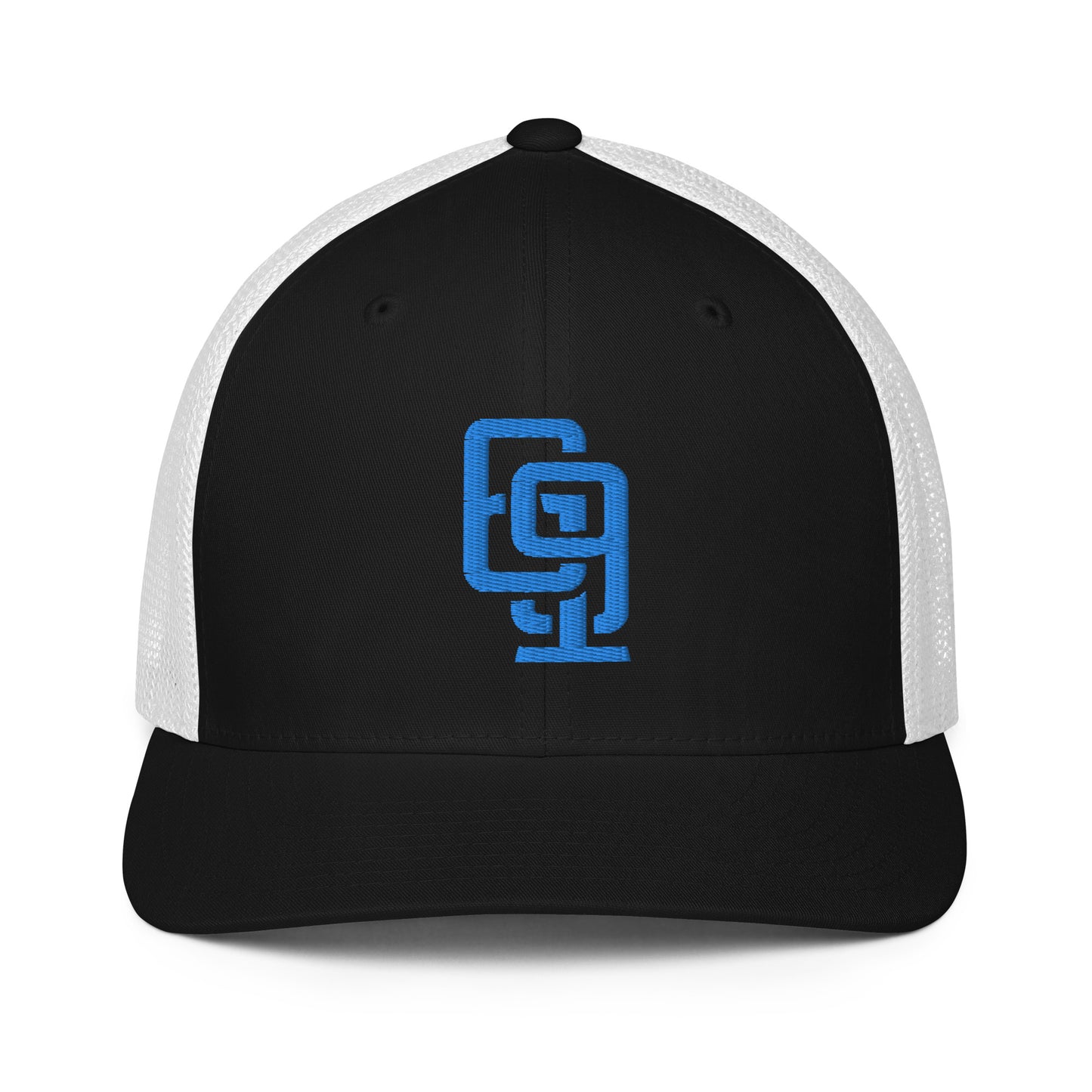 "619" Closed-Back Trucker Cap | Flexfit 6511 | E Luna CLASSIC Solocrest 1 Aqua/Teal Thread Front Logo