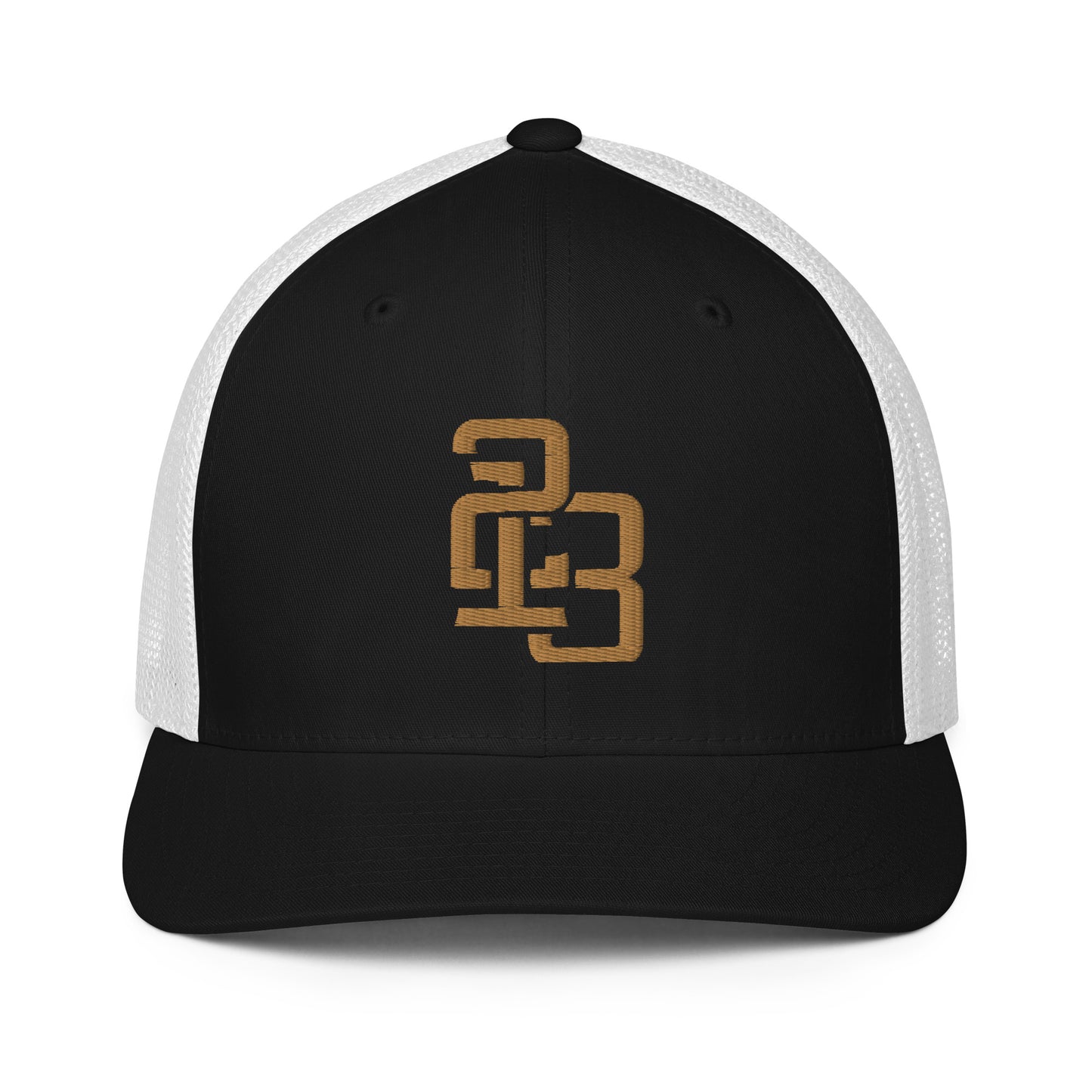 "213" Closed-Back Trucker Cap | Flexfit 6511 | E Luna CLASSIC Solocrest 1 Old Gold Thread Front Logo