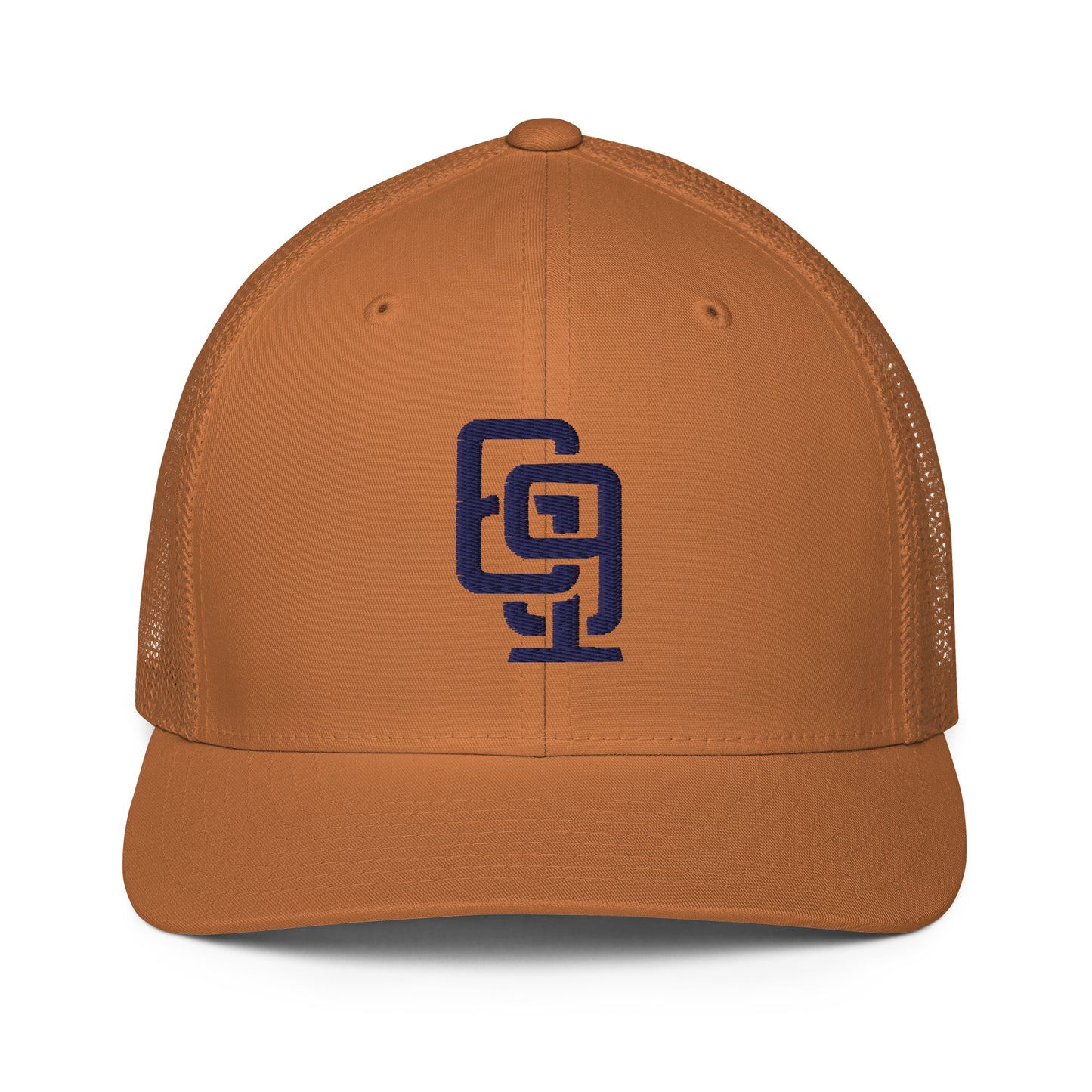 "619" Closed-Back Trucker Cap | Flexfit 6511 | E Luna CLASSIC Solocrest 1 Navy Thread Front Logo