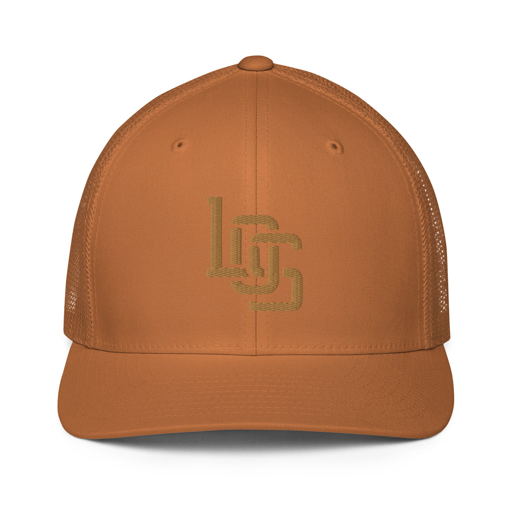 "LOS" Closed-Back Trucker Cap | Flexfit 6511 | E Luna CLASSIC Solocrest 1 Old Gold Thread Front Logo
