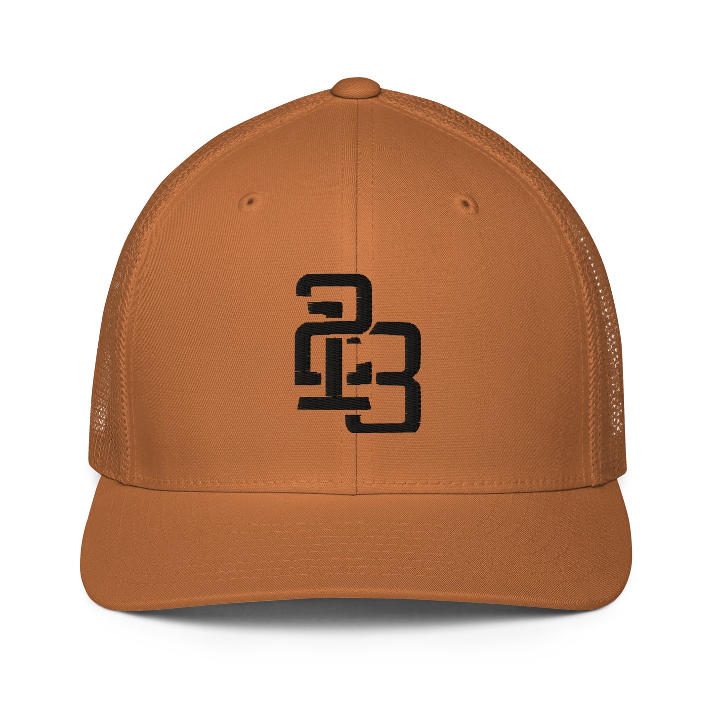 "213" Closed-Back Trucker Cap | Flexfit 6511 | E Luna CLASSIC Solocrest 1 Black Thread Front Logo